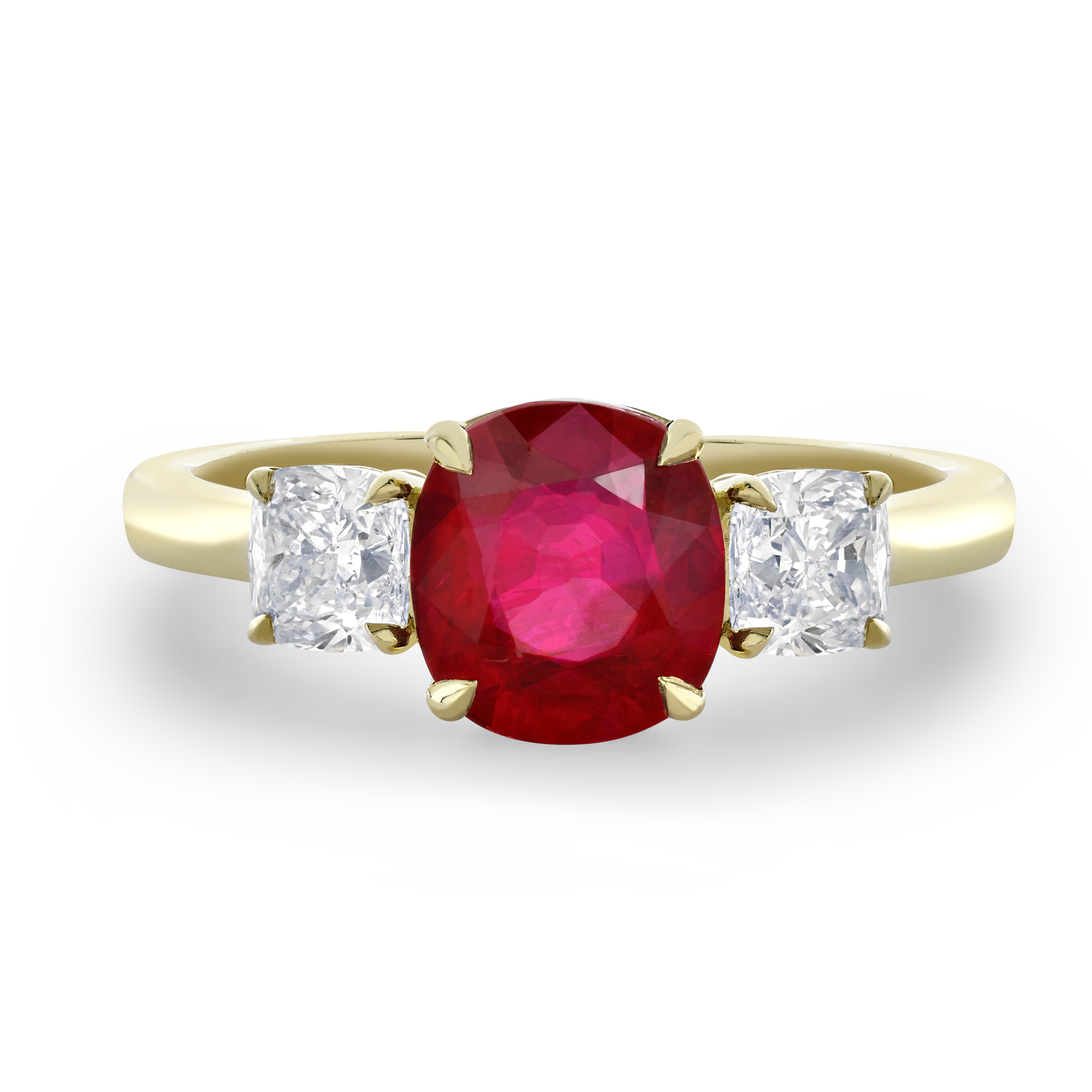 Mozambique Cushion Pigeon Blood Ruby & Diamond Three Stone Ring Cushion & Brilliant Cut, Claw Set_2