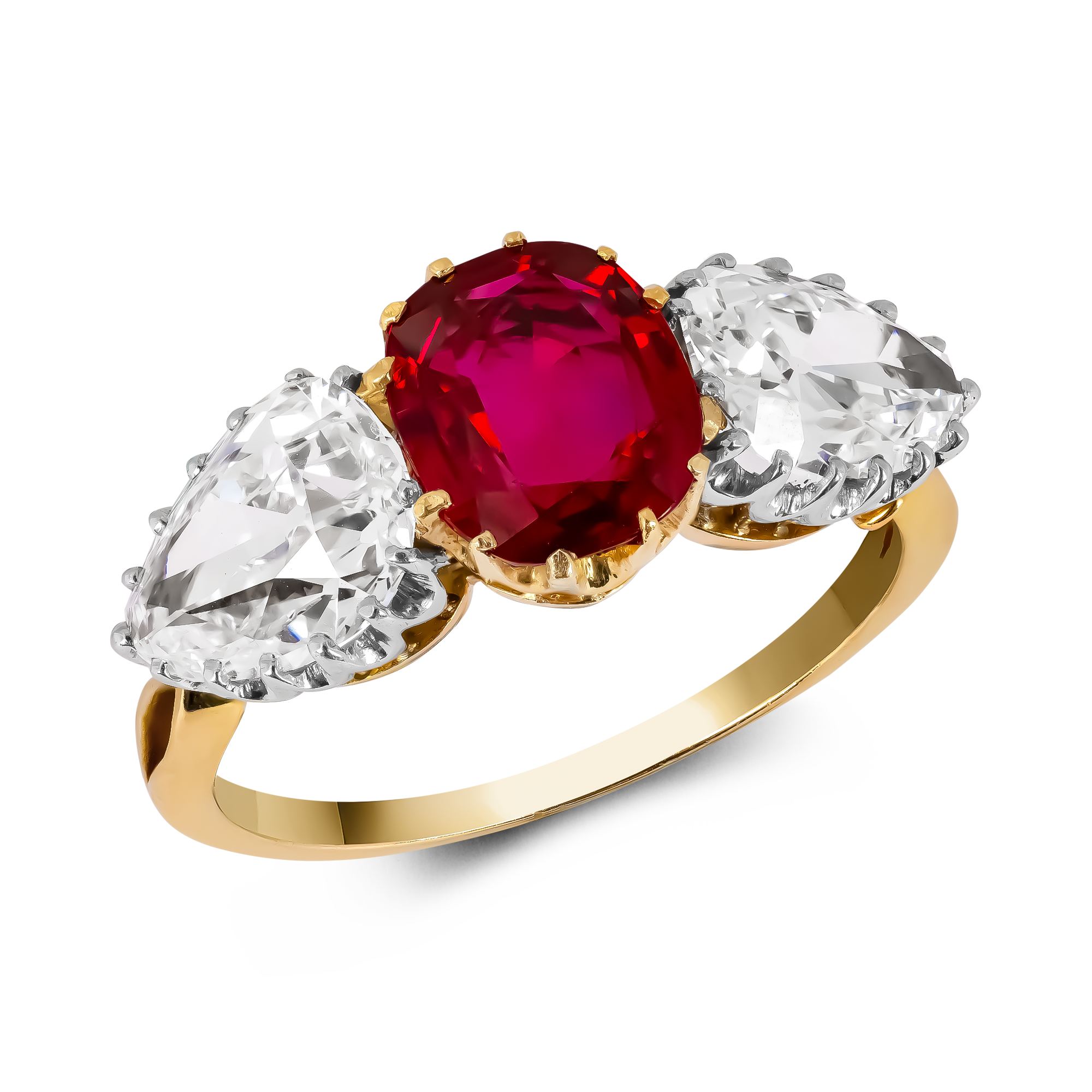 Victorian 1.63t Burmese Ruby and Diamond Three Stone Ring Cushion Cut, Claw Set_1