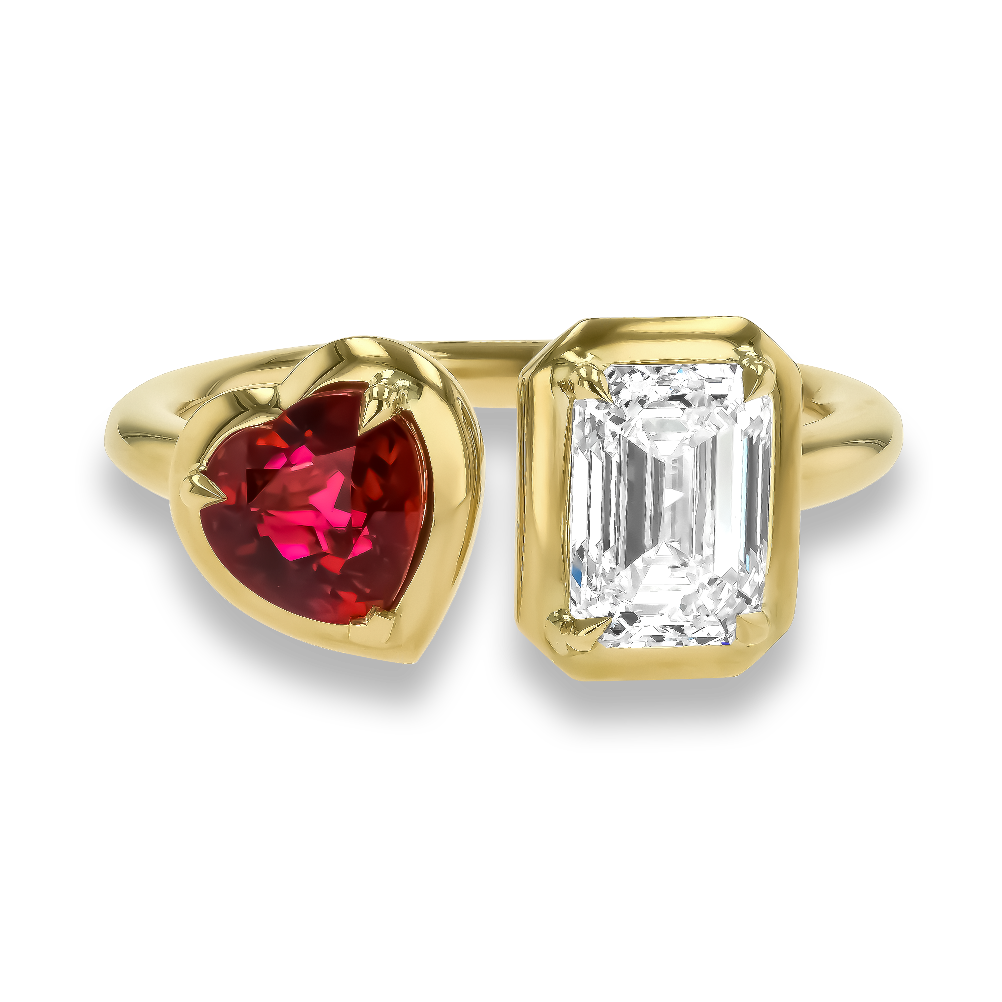 Skimming Stone 1.20ct Diamond and Burma Ruby Toi et Moi Ring Emerald Cut & Heart Shape, Claw Set_2