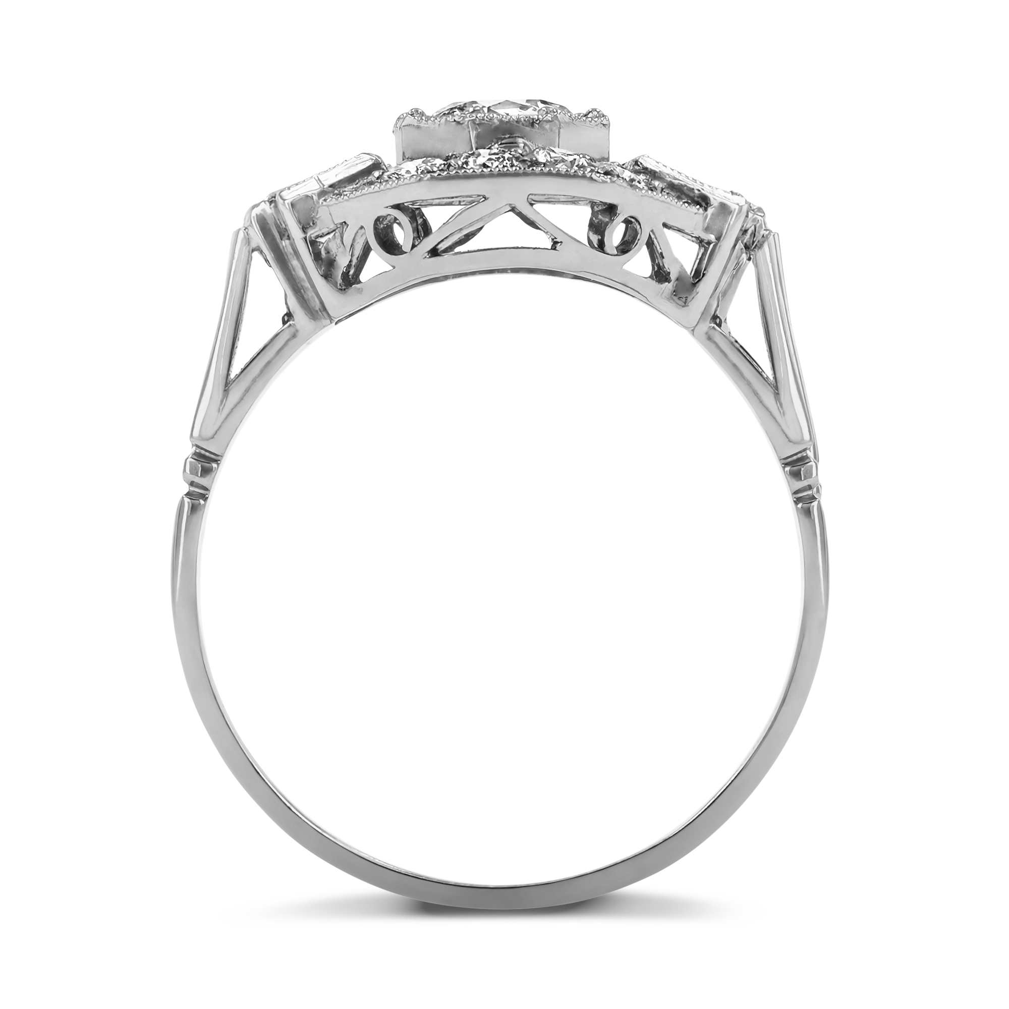Art Deco Inspired Octagonal Diamond Ring Round & Baguette Cut, Millegrain Set_3