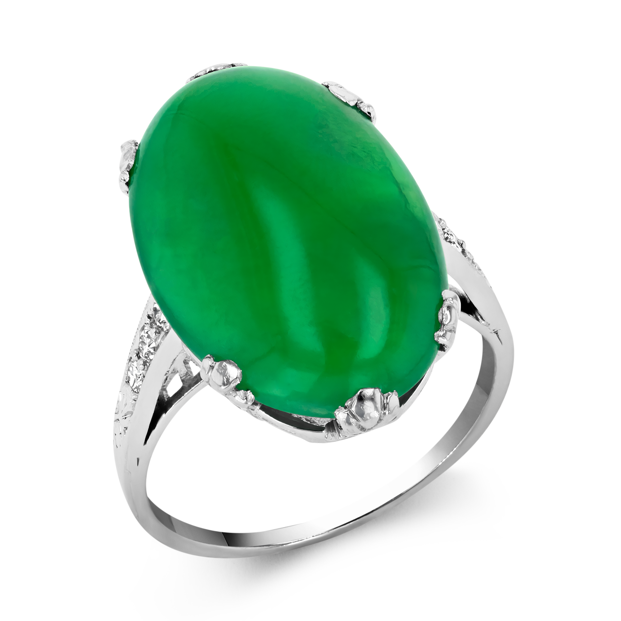 Marcus & Co Art Deco Jade Ring Cabochon Cut Solitaire Ring, with Diamond Shoulders_1
