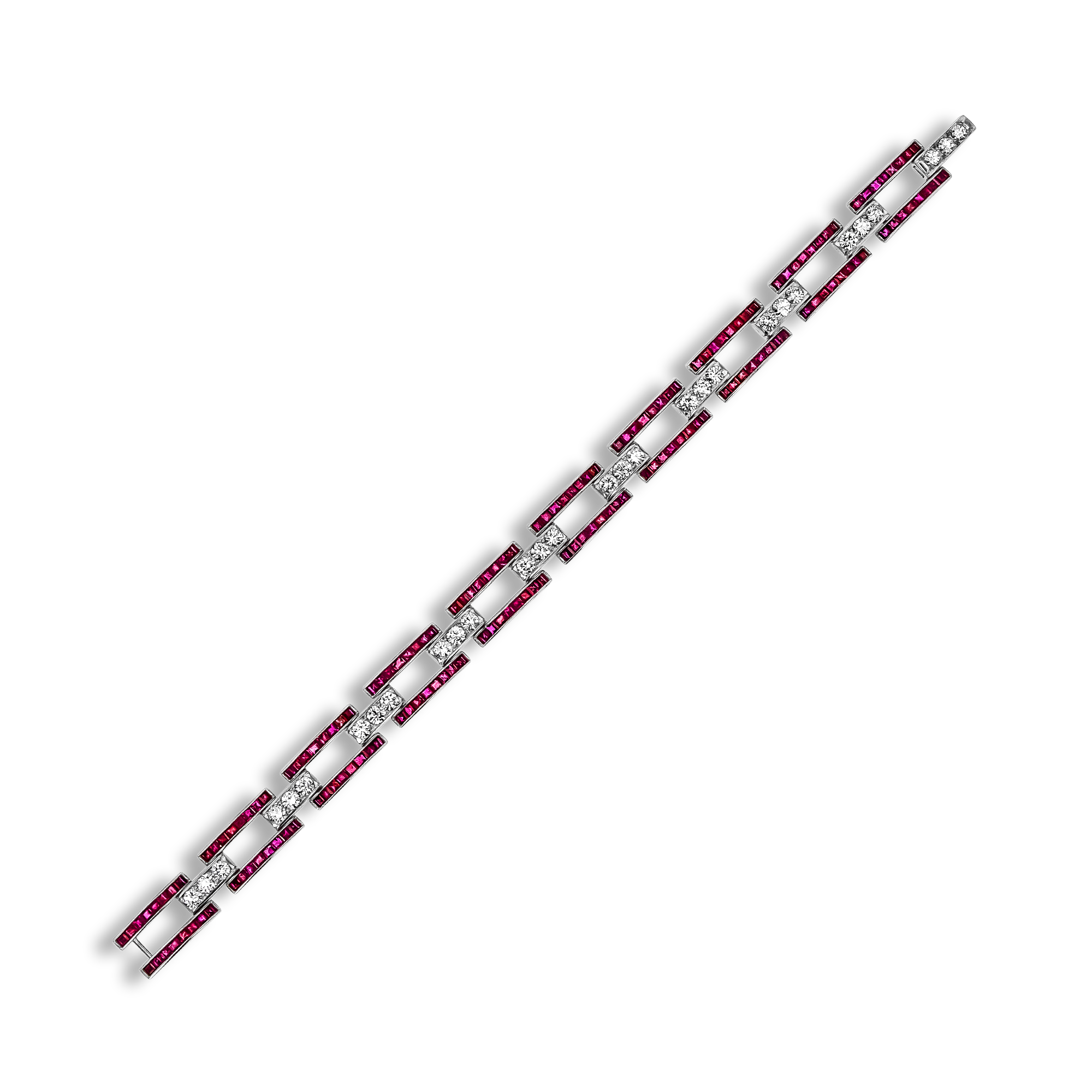 Art Deco 8.00ct Ruby and Diamond Square Link Bracelet Carre Cut, Channel Set_2