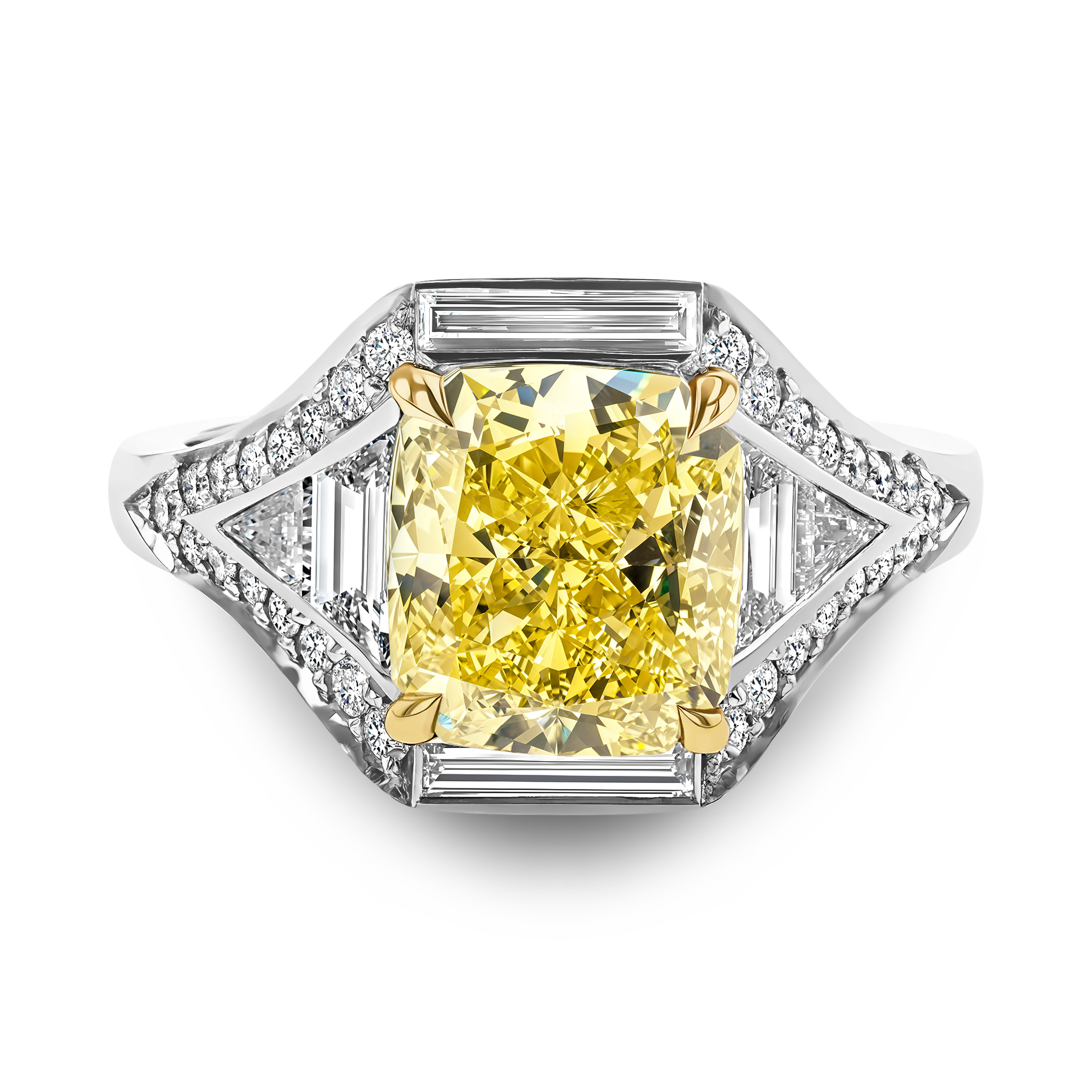 Masterpiece Astoria Fancy Vivid Yellow Radiant Cut Diamond Ring Radiant, Tapered Baguette, Triangular Corner & Brilliant Cut, Claw Set_2