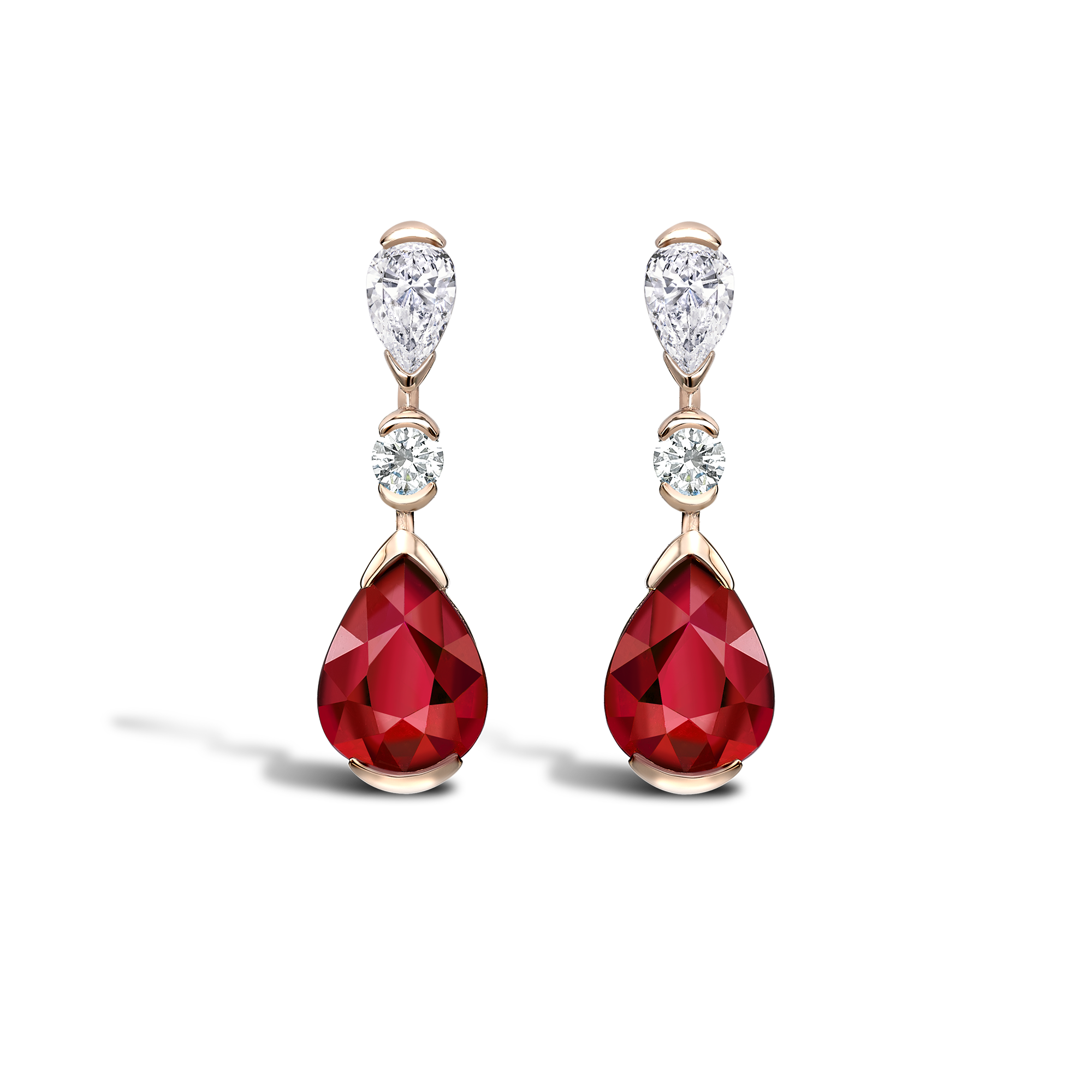 Pear Shape Ruby Drop Earrings Rubover Set with Pear and Brilliant Diamonds_1