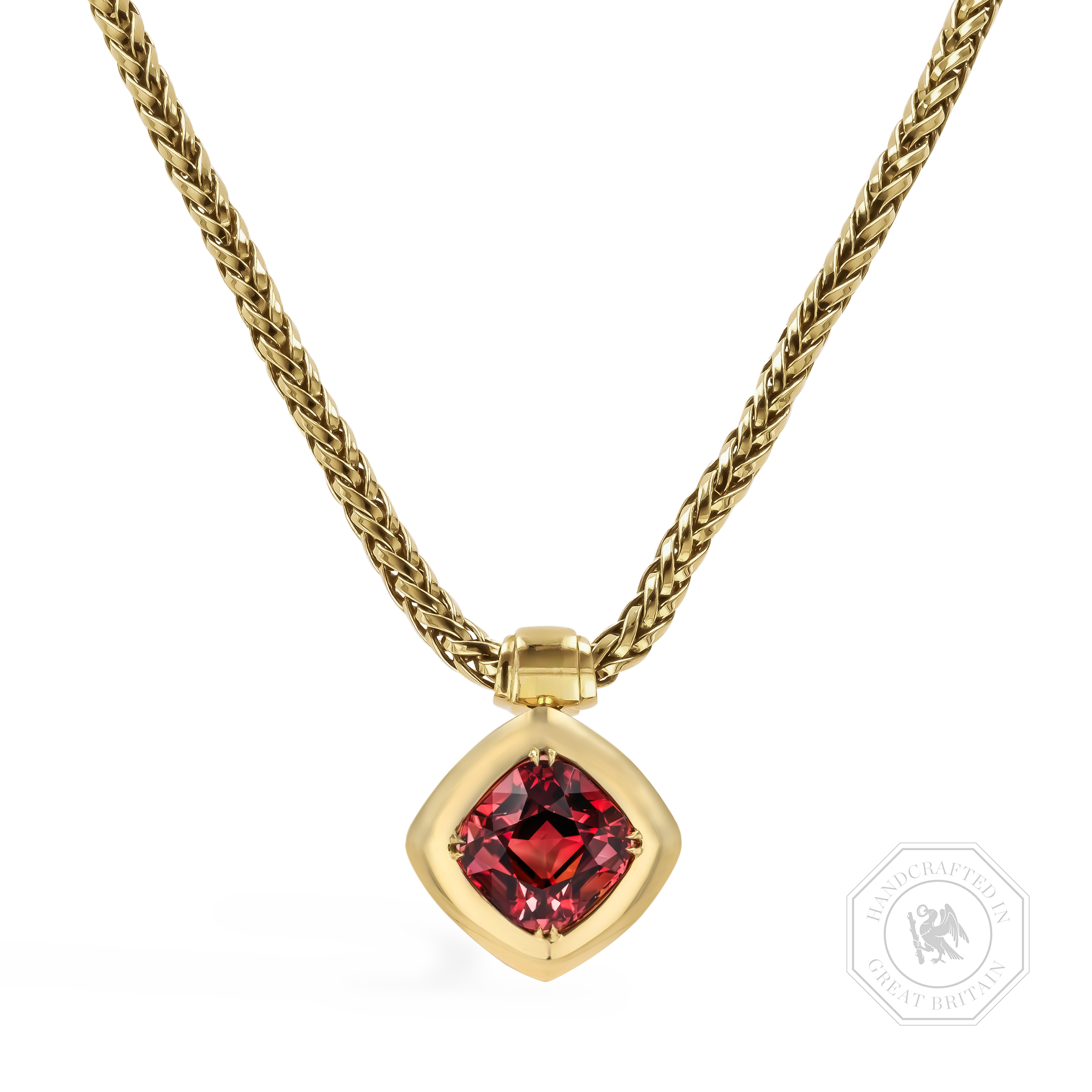 Masterpiece Portrait Setting 22.87ct Blood Orange Tourmaline Pendant Cushion Modern Cut, Rubover Set_1