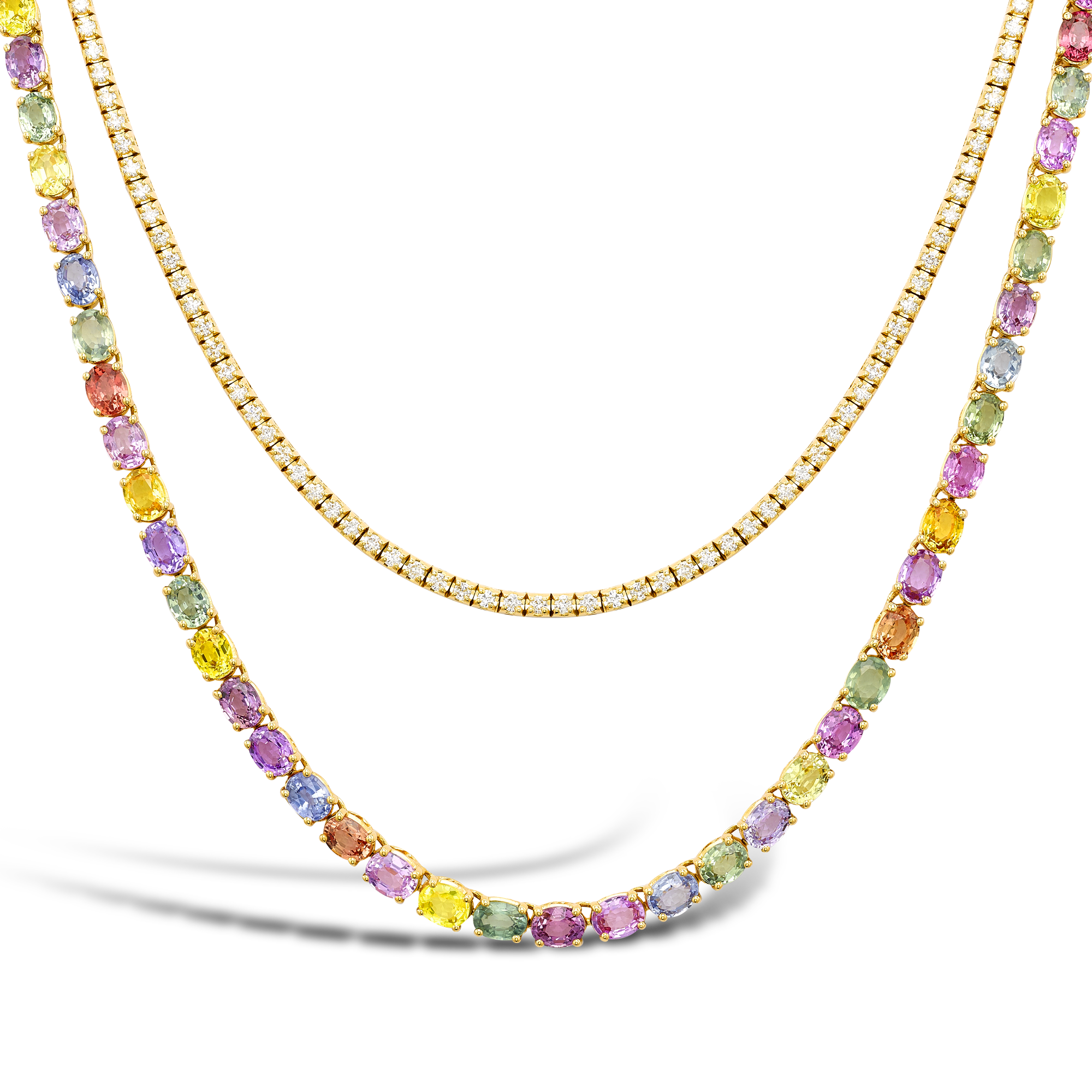 Rainbow Fancy Sapphire and Diamond Two-Row Necklace Oval Cut, Claw Set_2