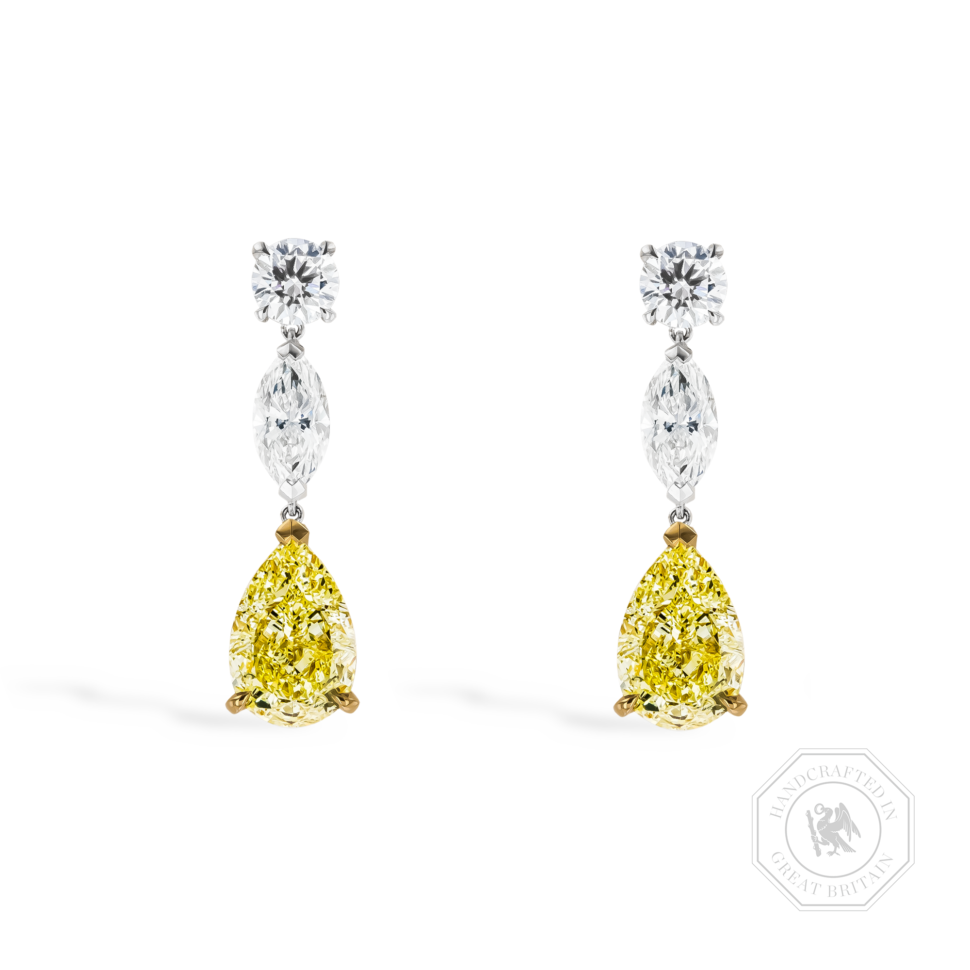 Pear Shaped 3.04ct Fancy Yellow Diamond Drop Earrings Pear, Marquise & Brilliant Cut, Claw Set_1