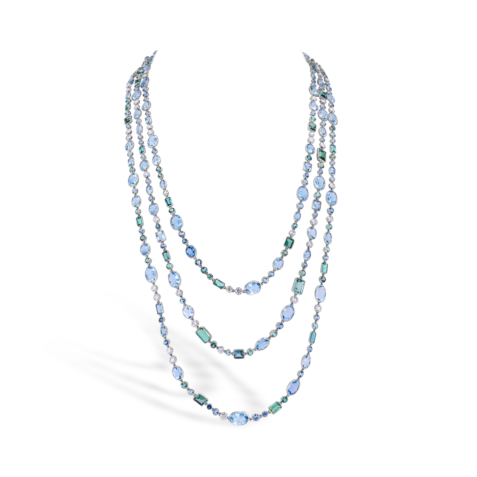 Masterpiece 180cm Aquamarine and Tourmaline Necklace Oval and Emerald Cut, Spectacle Set_1