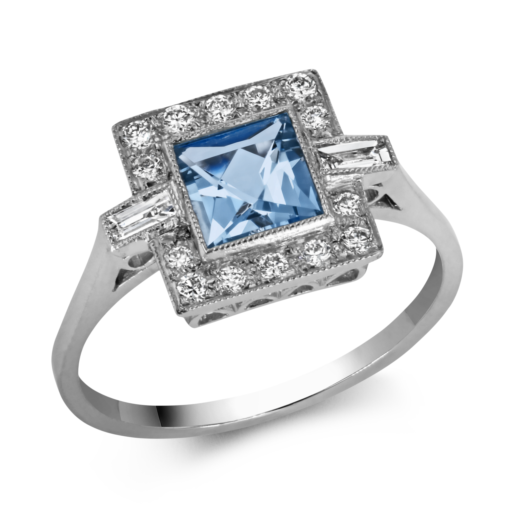 Art Deco Inspired 0.70ct Aquamarine and Diamond Cluster Ring Square Cut, Millegrain Set_1