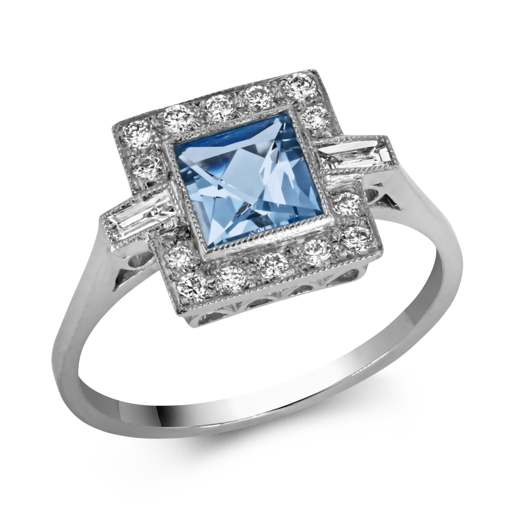 Art Deco Inspired Aquamarine & Diamond Ring Square, Brilliant & Baguette Cut, Millegrain Set_1