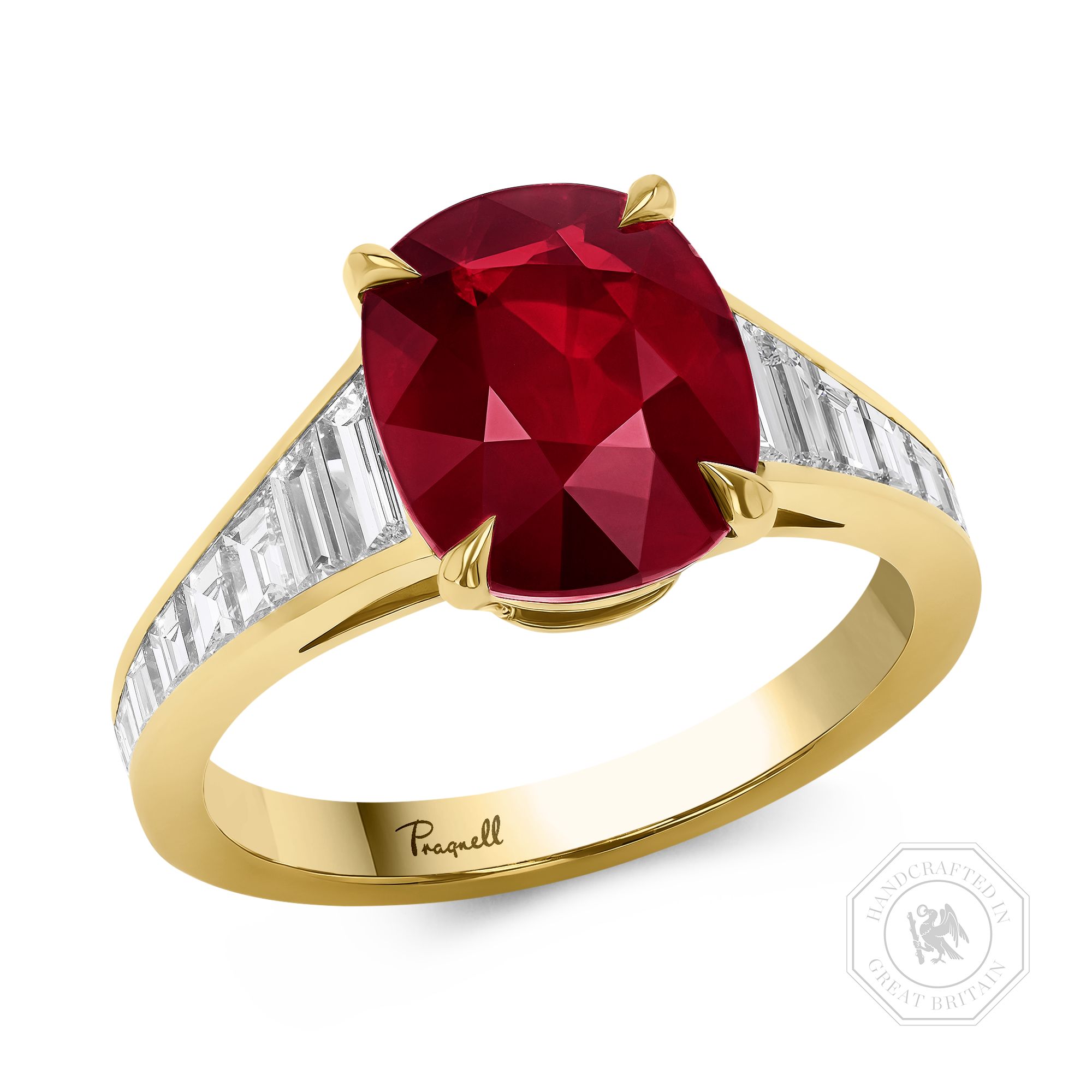 Cushion Cut 3.53ct  Mozambique Ruby and Diamond Ring Cushion & Tapered Baguette Cut, Claw Set_1