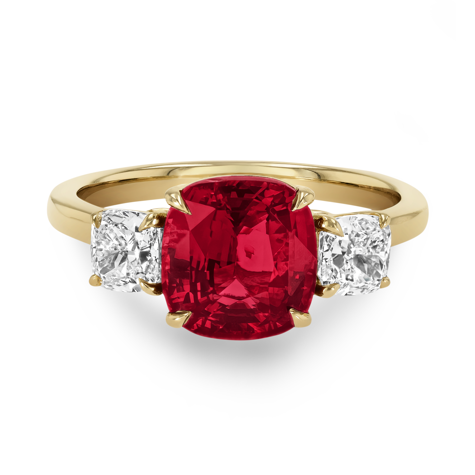 Classic 3.00ct Ruby and Diamond Three Stone Ring Cushion modern cut, Claw set_2