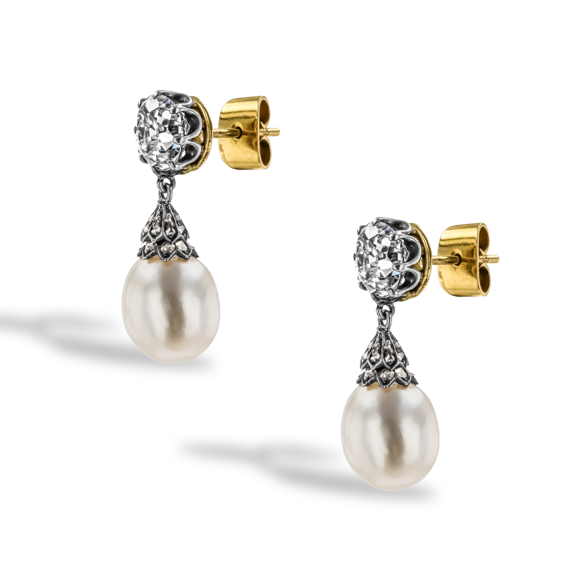 Victorian 2.80ct Saltwater Pearl and Diamond Drop Earrings Old Mine Cut, Claw Set_2