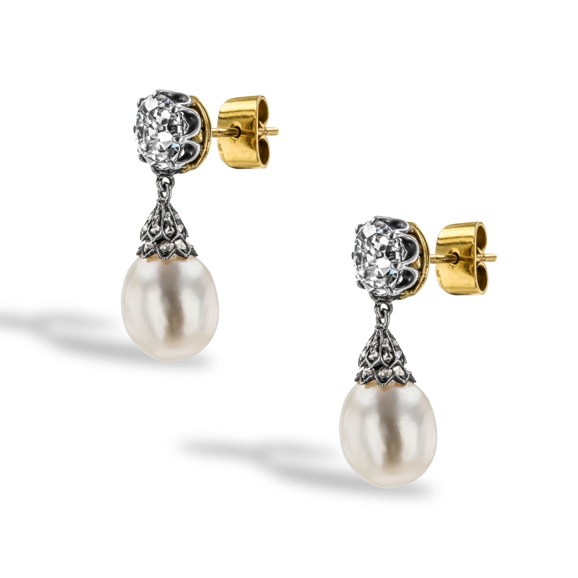 Victorian 2.80ct Saltwater Pearl and Diamond Drop Earrings Old Mine Cut, Claw Set_2