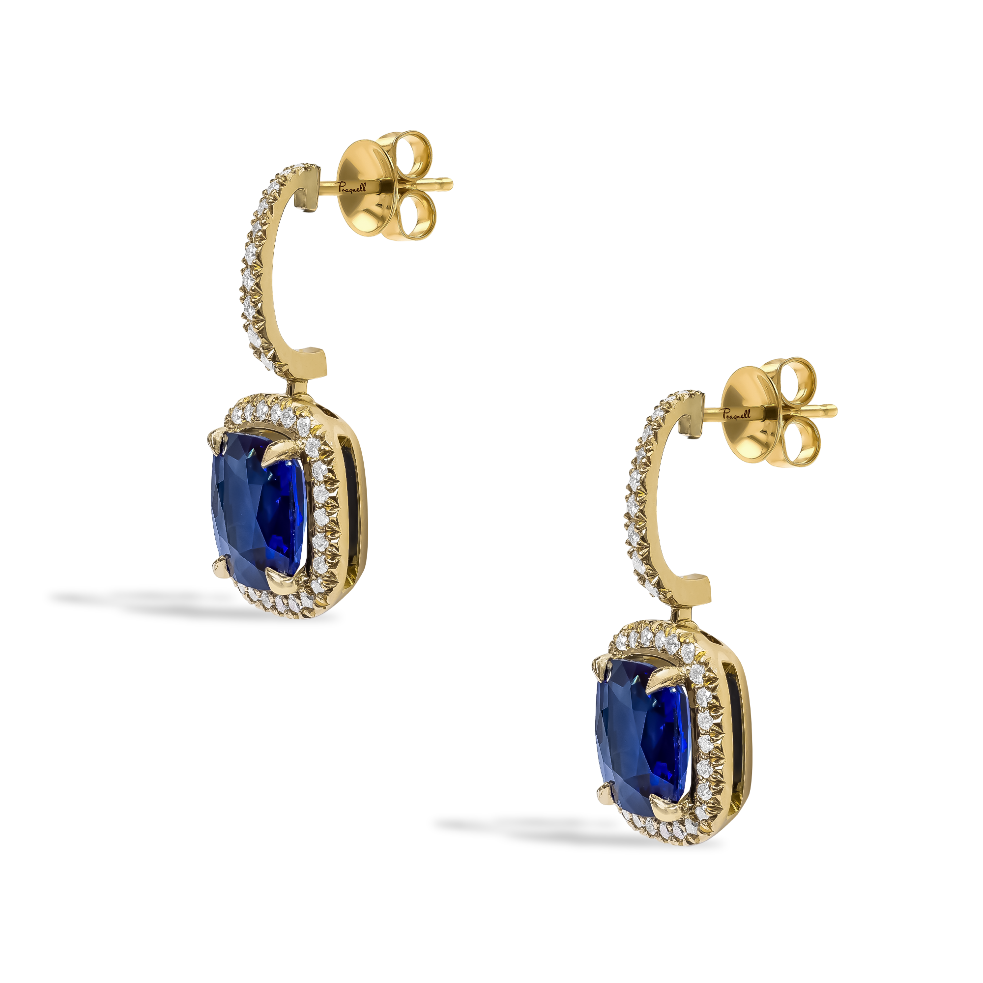 Cushion Cut 4.07ct Sri Lankan Sapphire and Diamond Drop Earrings Modern Cushion Cut, Claw Set_2