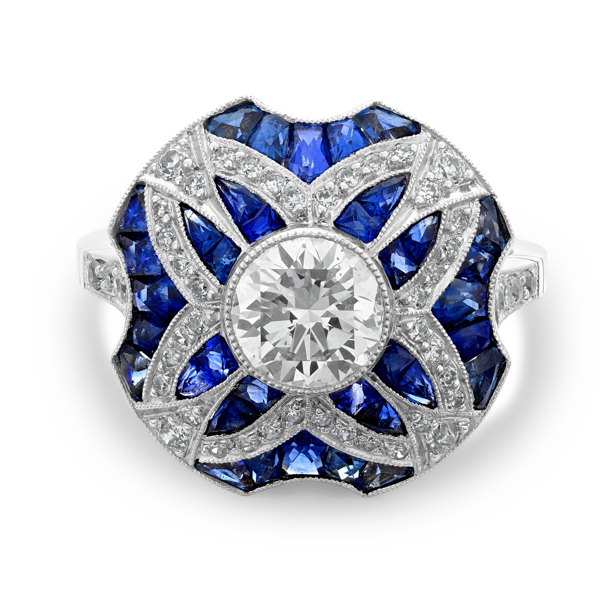 Art Deco Inspired Diamond and Calibre Sapphire Dress Ring with Sapphire and Diamond surround Old Cut, Millegrain Set_2