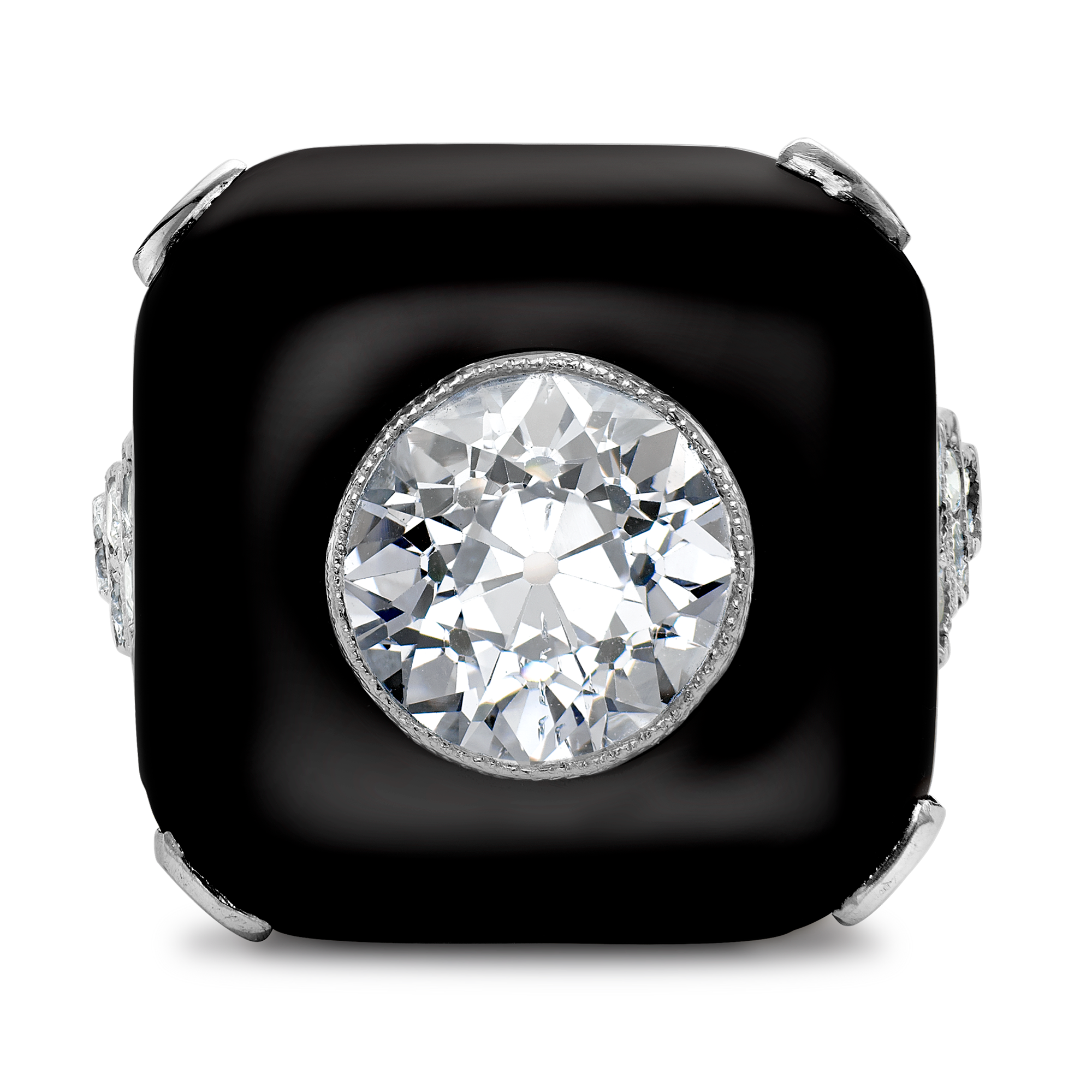 Art Deco 2.50ct Onyx and Diamond Plaque Ring Brilliant Cut, Millegrain Set_2