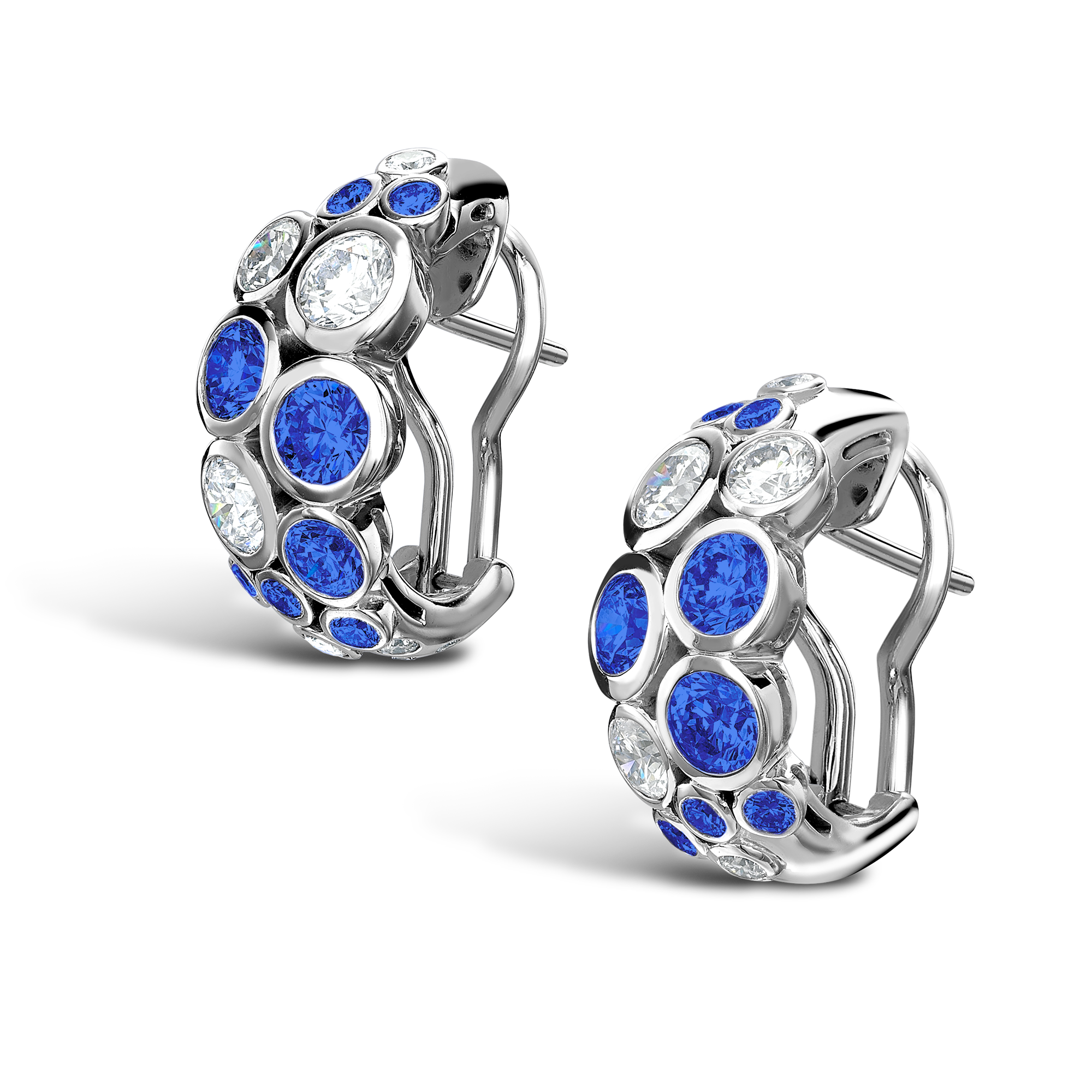 Bubbles Blue Sapphire and Diamond Half-Hoop Earrings Brilliant Cut, Rubover Set_3