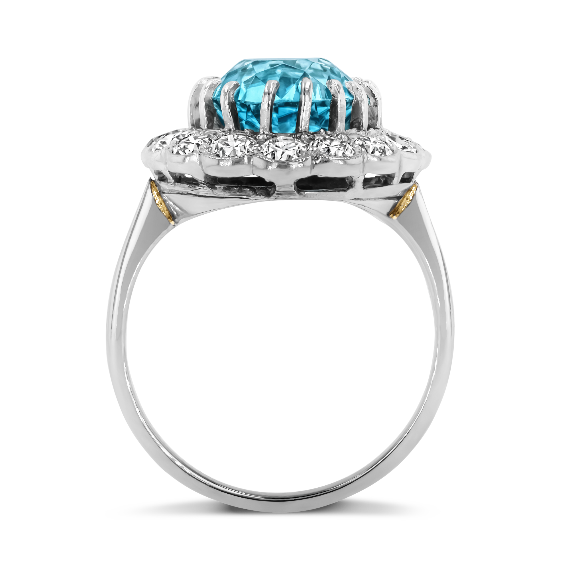 Blue Zircon Cluster Ring with Diamond Surround Oval Cut, Claw Set_3