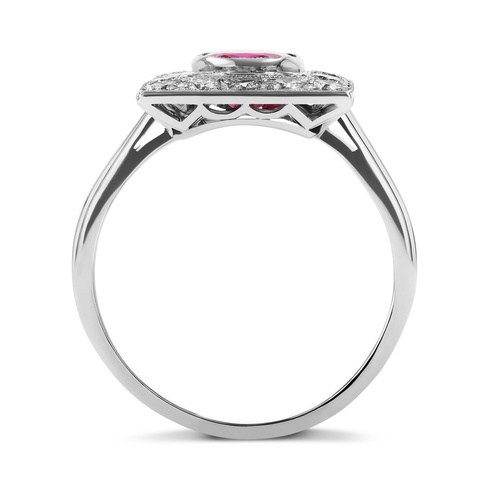 Art Deco 1.30ct Burmese Ruby and Diamond Plaque Ring Cushion Antique Cut, Millegrain_3