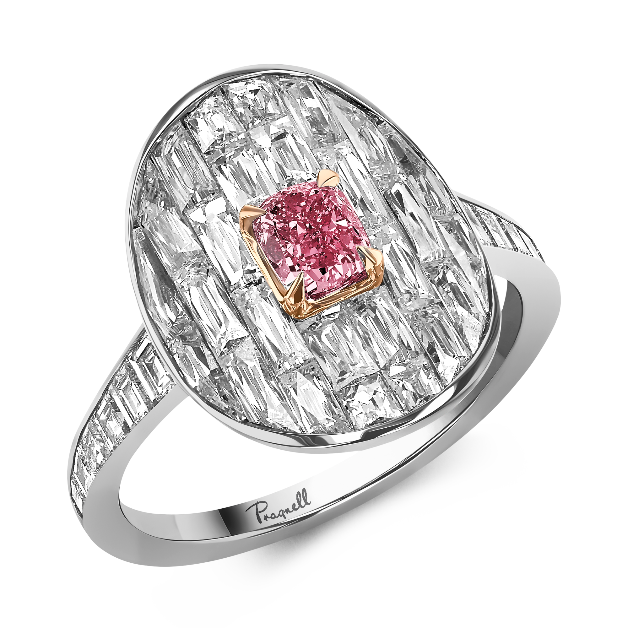Masterpiece Stage Setting 0.50ct Fancy Vivid Pink Diamond Cluster Ring Cushion modern cut, Claw set_1