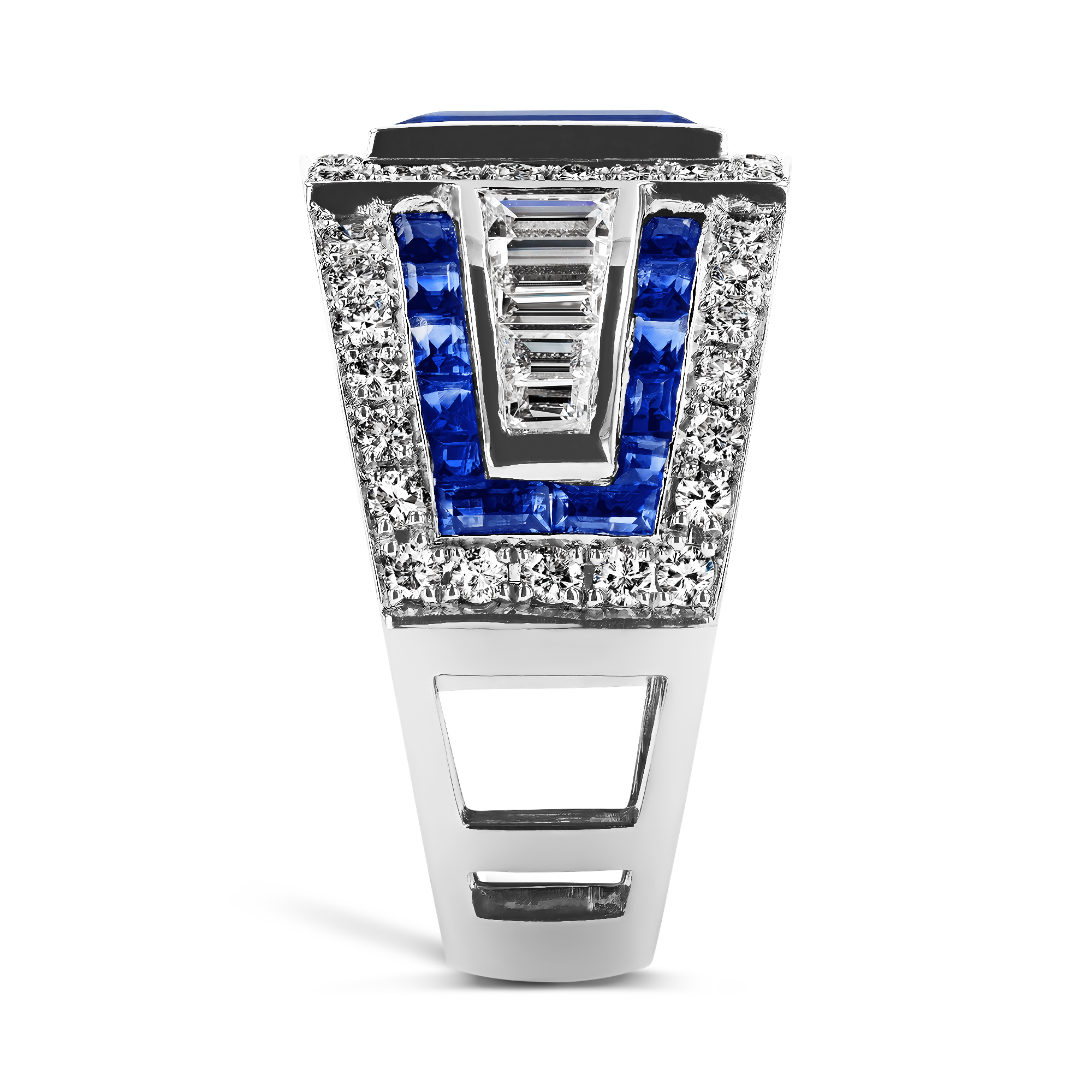 Art Deco Inspired Blue Sapphire Ring Emerald Cut, Rubover Set_4