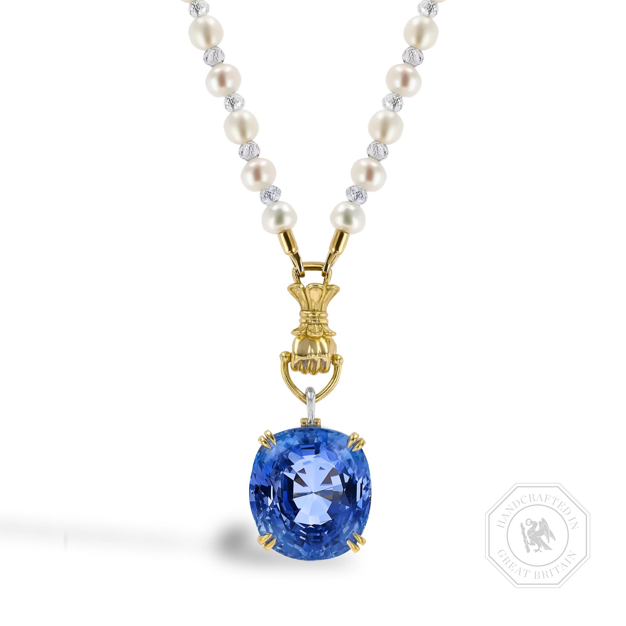 Masterpiece 37.09ct Sri Lankan Sapphire, Keshi Pearl and Diamond Figa Fortune Pendant Antique Cushion & Briolette Cut, Claw Set_1