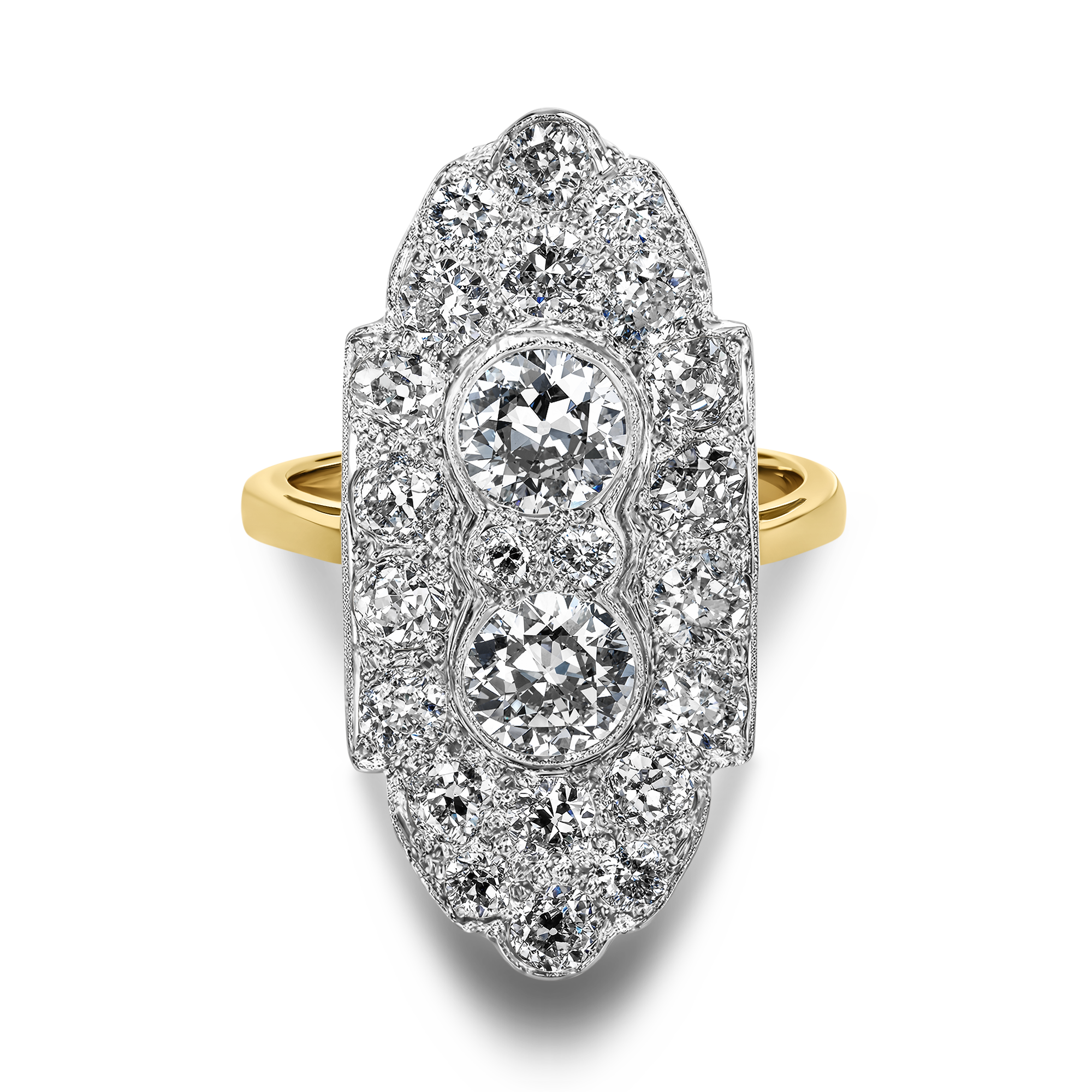 Art Deco Diamond Cluster Plaque Ring Old Cut, Millegrain Set_2