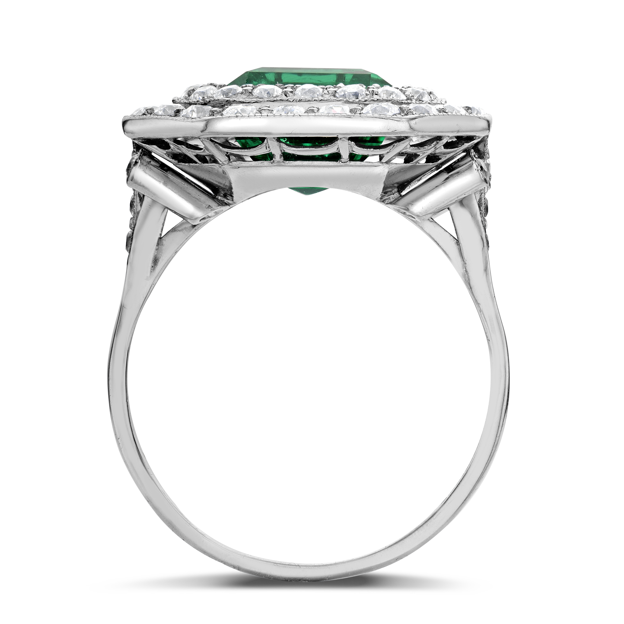 Edwardian Spaulding & Co. 7.00ct Colombian Emerald  and Diamond Cluster Ring Rectangular Cut, Millegrain Set_3