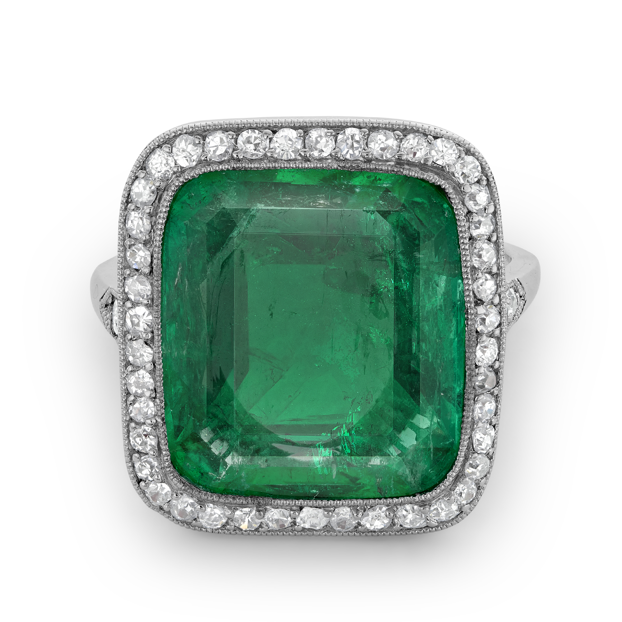 Edwardian Colombian Emerald Dress Ring Cushion Antique Cut, Millegrain Set_2