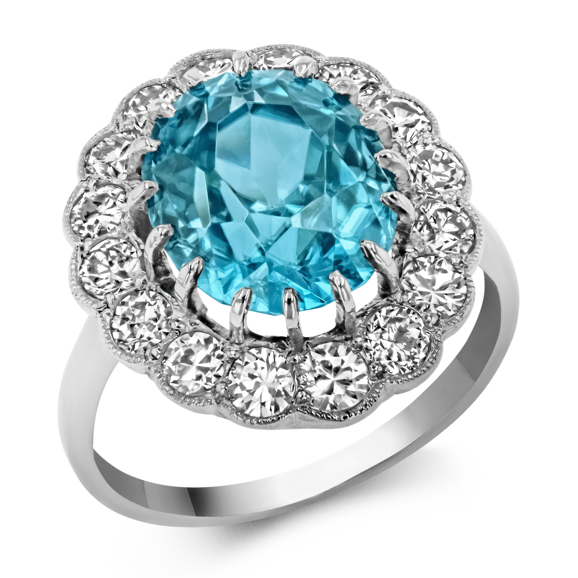 Blue Zircon Cluster Ring with Diamond Surround Oval Cut, Claw Set_1