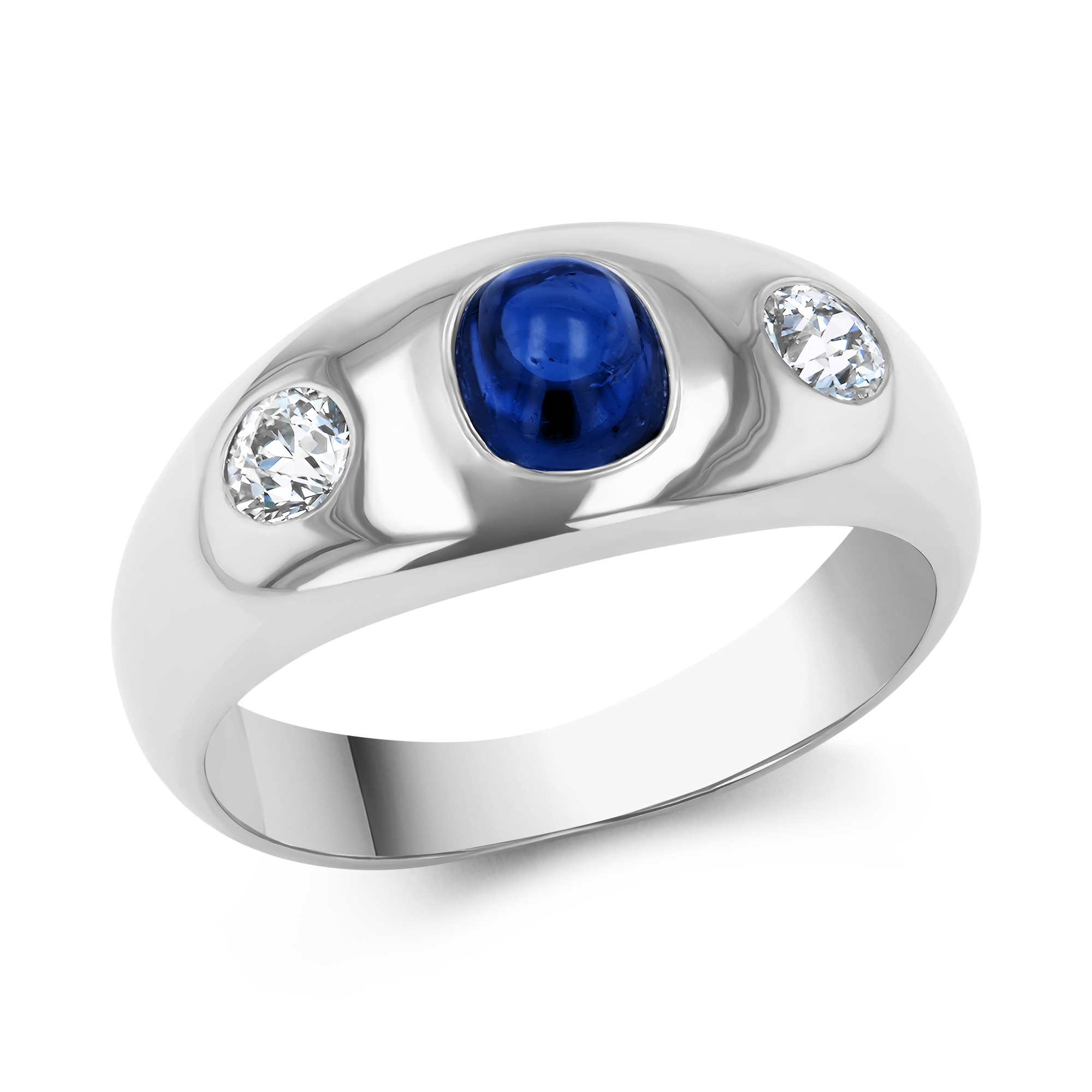 Cabochon Cut Blue Sapphire and Diamond Ring Cabochon Cut, Rubover Set_1