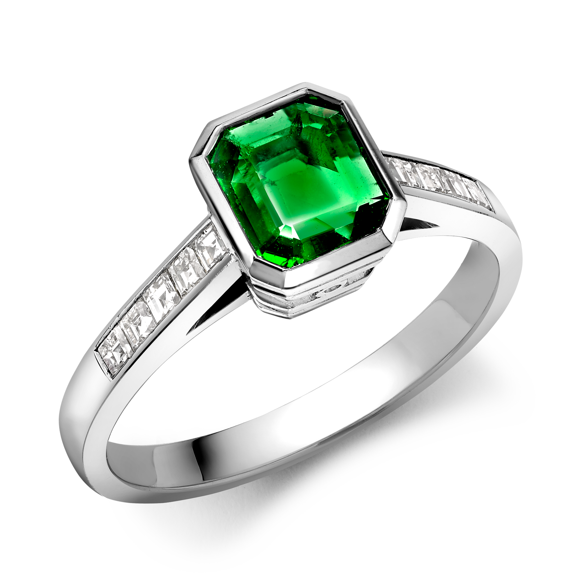 Trap Cut 0.77ct Emerald and Diamond Ring in Platinum Trap Cut Rubover Set