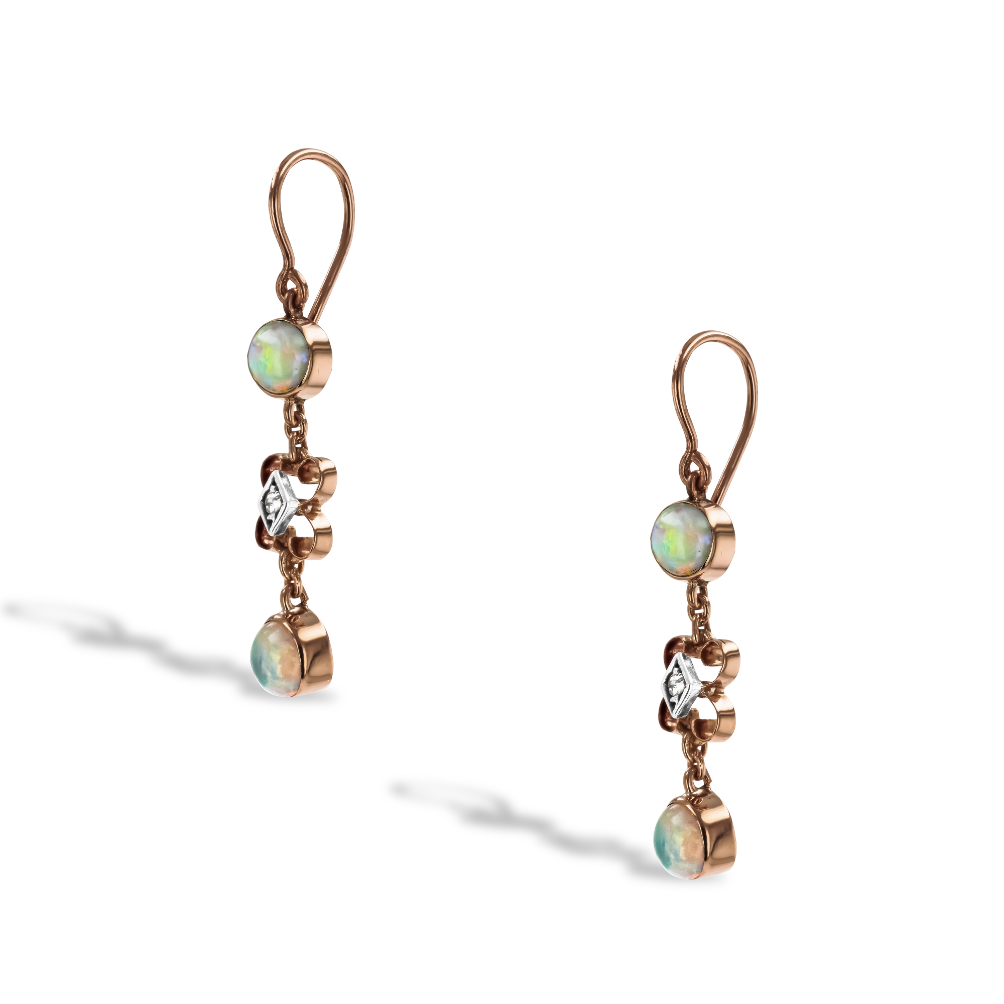 Belle Époque Opal and Diamond Drop Earrings Cabochon Cut, Rubover Set_2