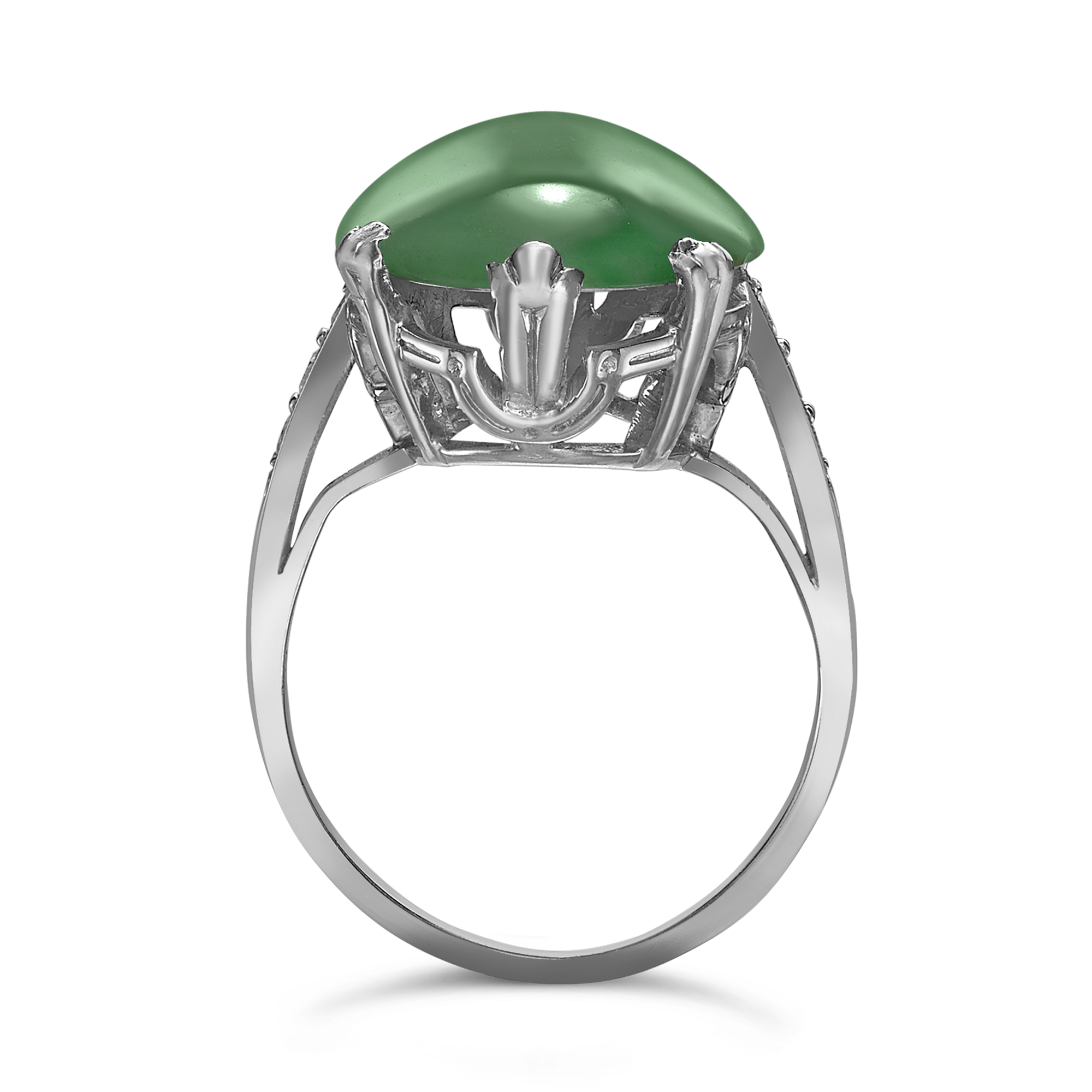Marcus & Co Art Deco Jade Ring Cabochon Cut Solitaire Ring, with Diamond Shoulders_2