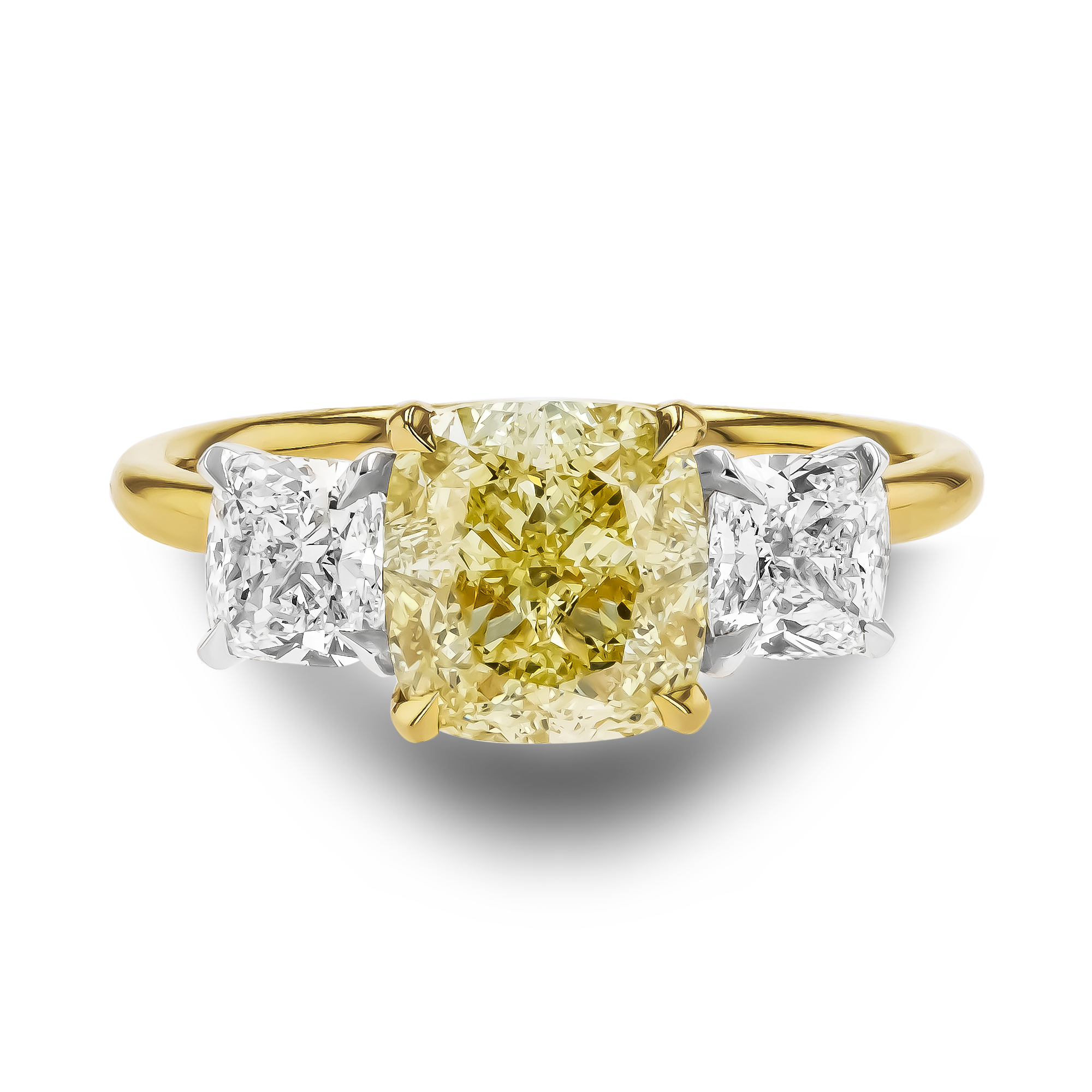 Classic 2.50ct Fancy Yellow Diamond Three Stone Ring Cushion modern cut, Claw set_2
