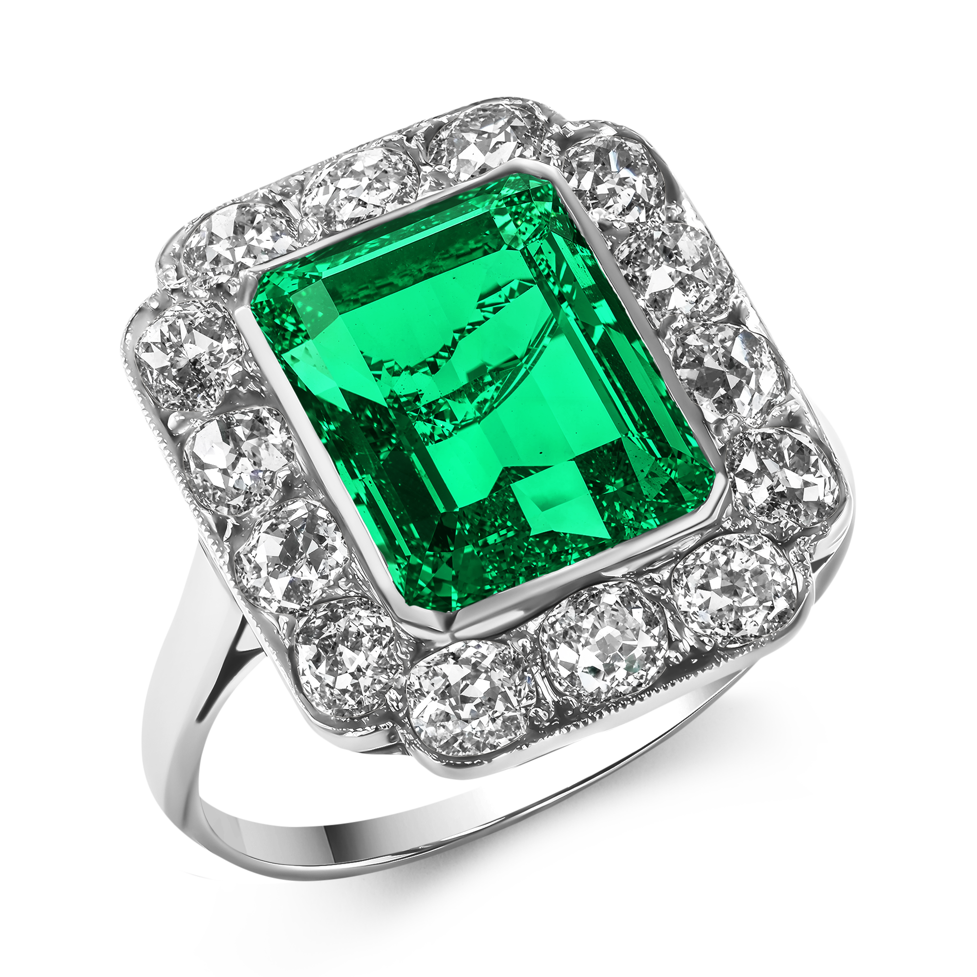 Edwardian 3.41ct Emerald and Diamond Cluster Ring Emerald Cut, Rubover Set_1