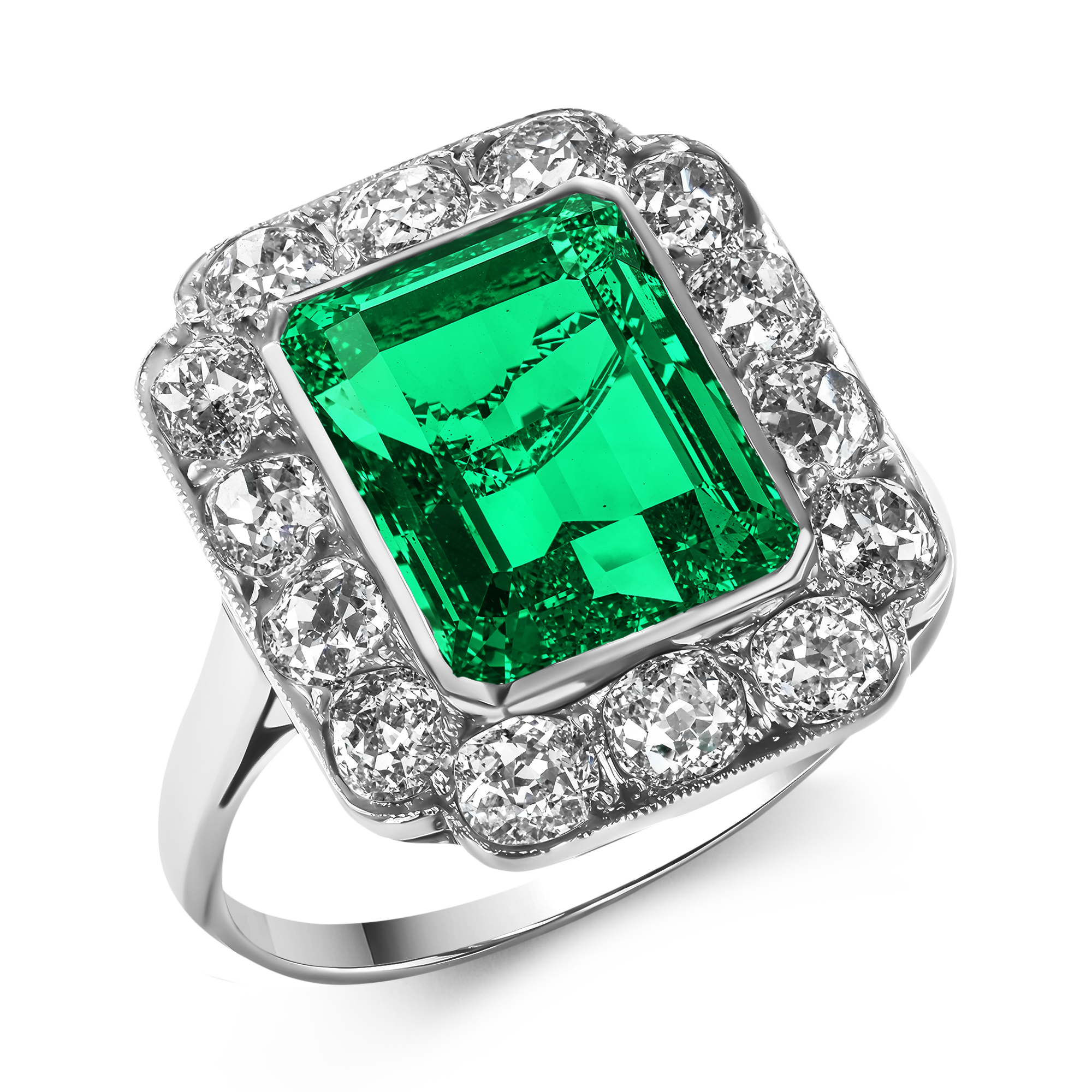 Edwardian 3.41ct Emerald and Diamond Cluster Ring Emerald Cut, Rubover Set_1