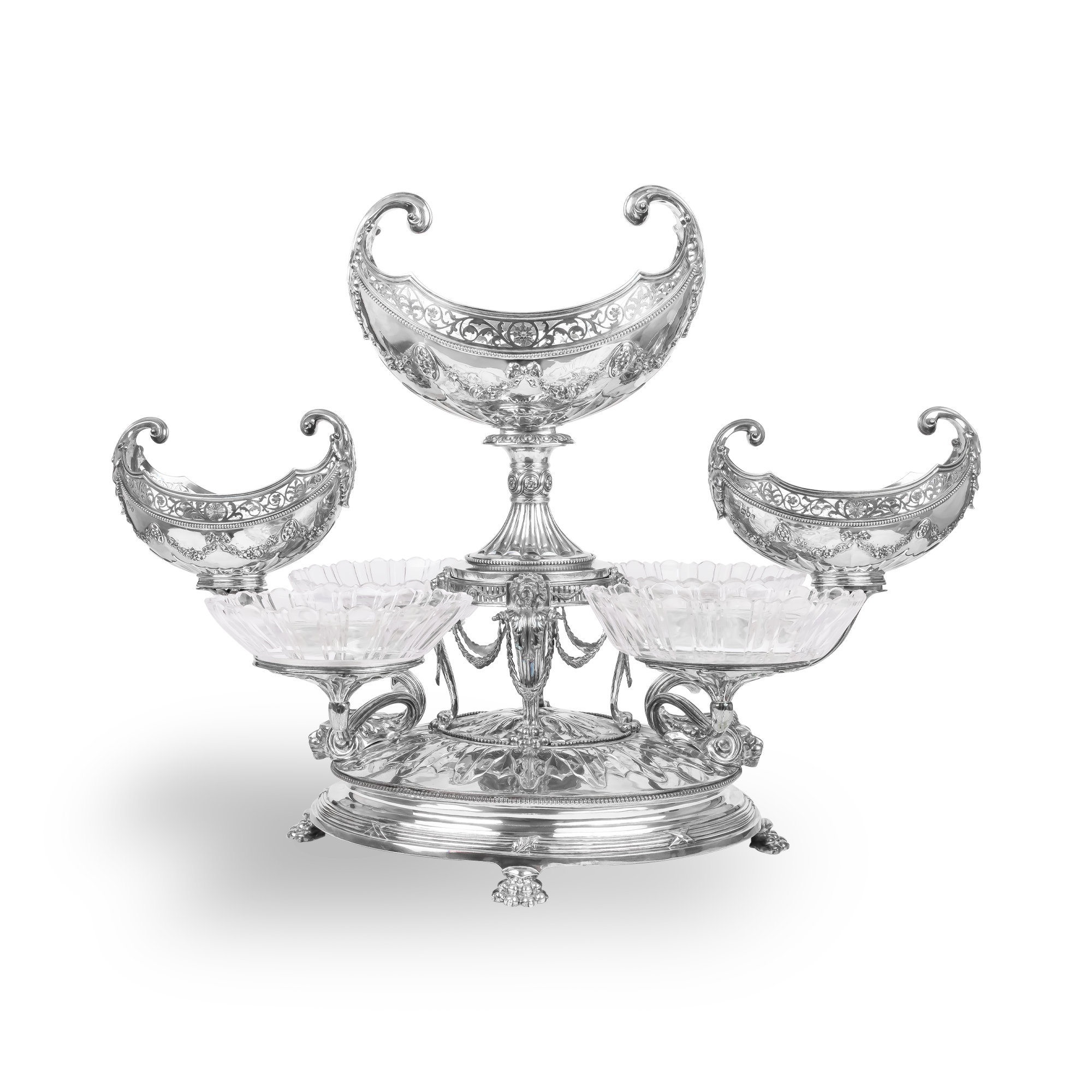 Silver Epergne Centrepiece with Four Cut Glass Bowls Hallmarked London_1