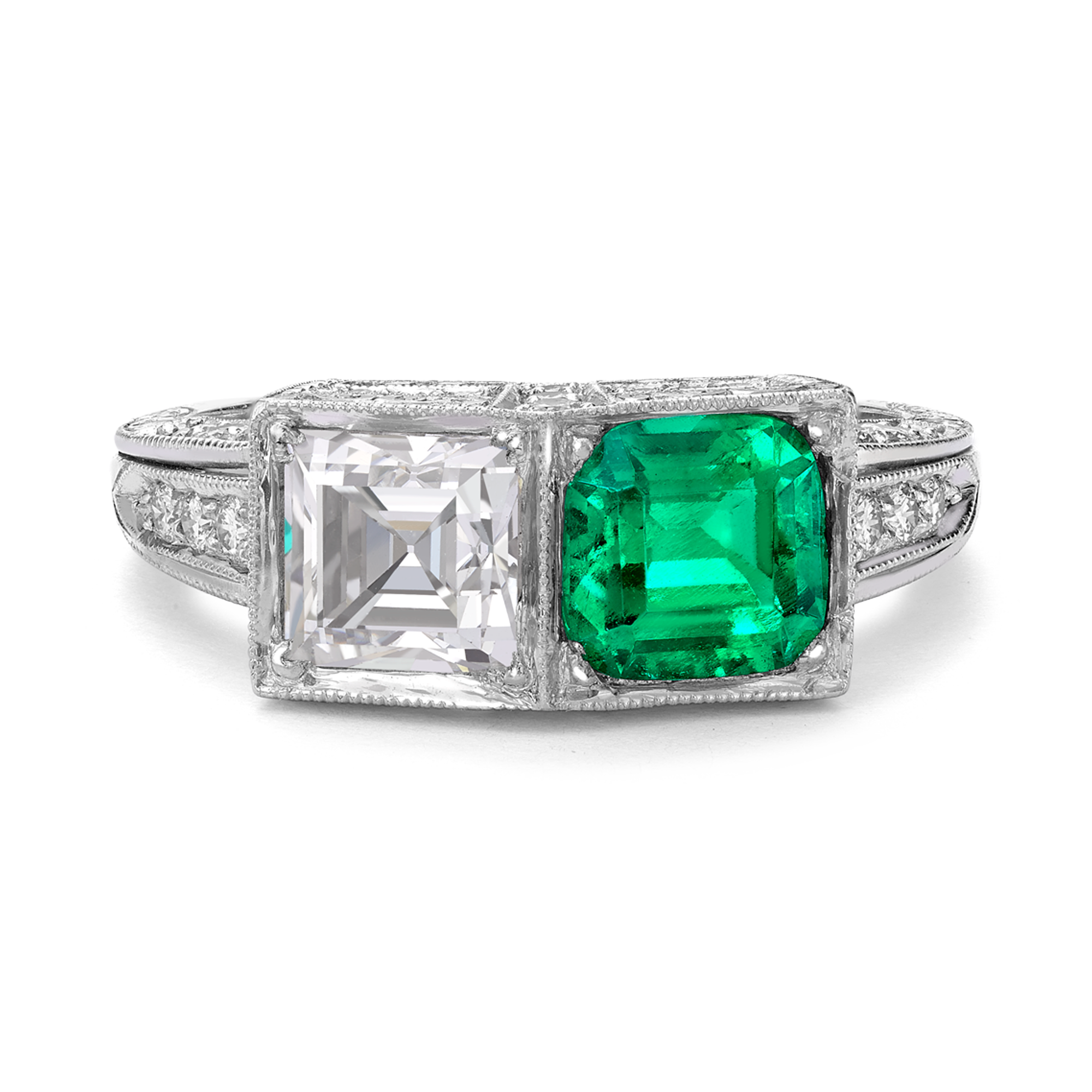 Art Deco Diamond & Emerald Ring Step Cut Two Stone Ring, with Diamond Surround_2
