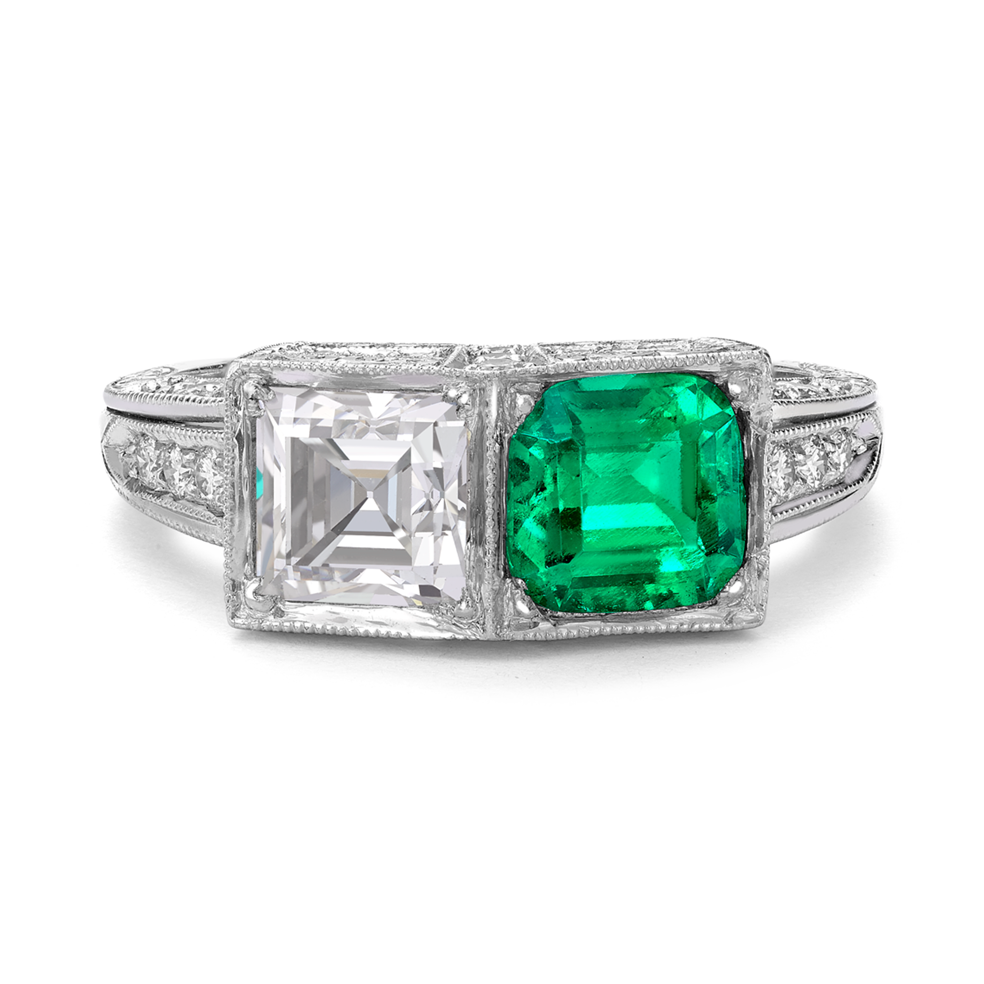 Art Deco 1.01ct Emerald and Diamond Two Stone Ring Square Step Cut, Claw Set_2