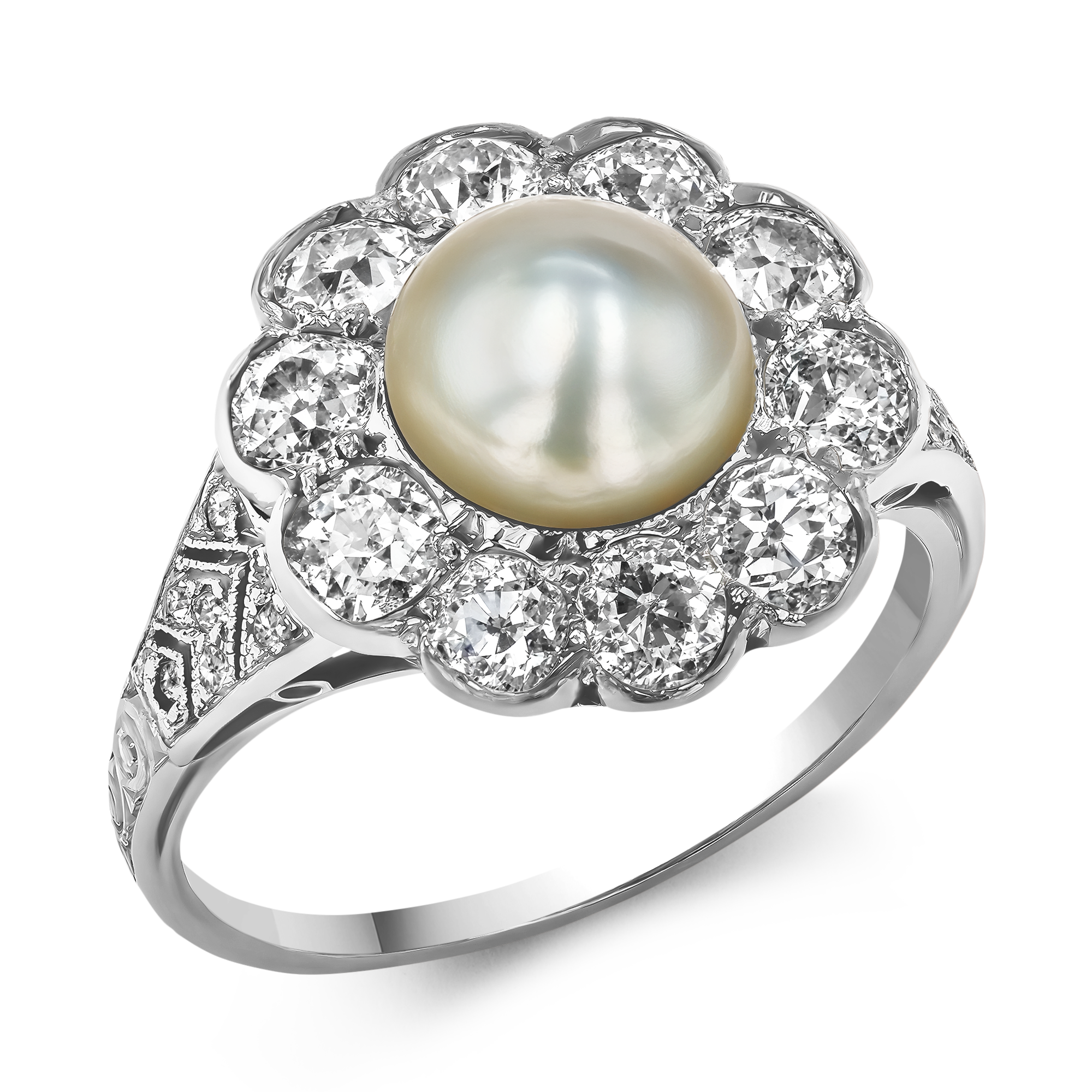 Edwardian Pearl and Diamond Cluster Ring Old Cut, Millegrain Set_1