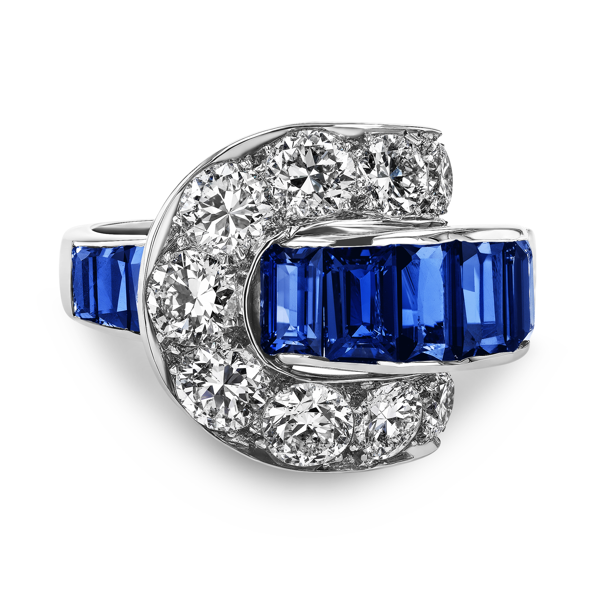 Art Deco Sapphire and Diamond Buckle Ring Baguette Cut, Channel Set_2