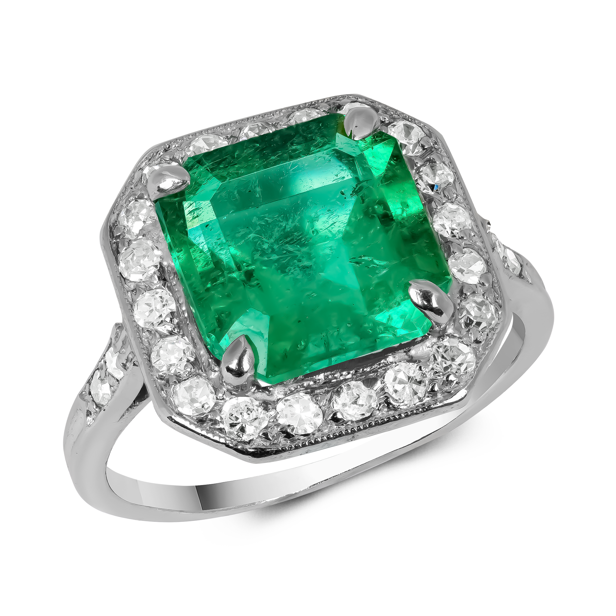 Edwardian Octagonal Cut 3.17ct Emerald and Diamond Ring Octagonal Cut, Claw Set_1