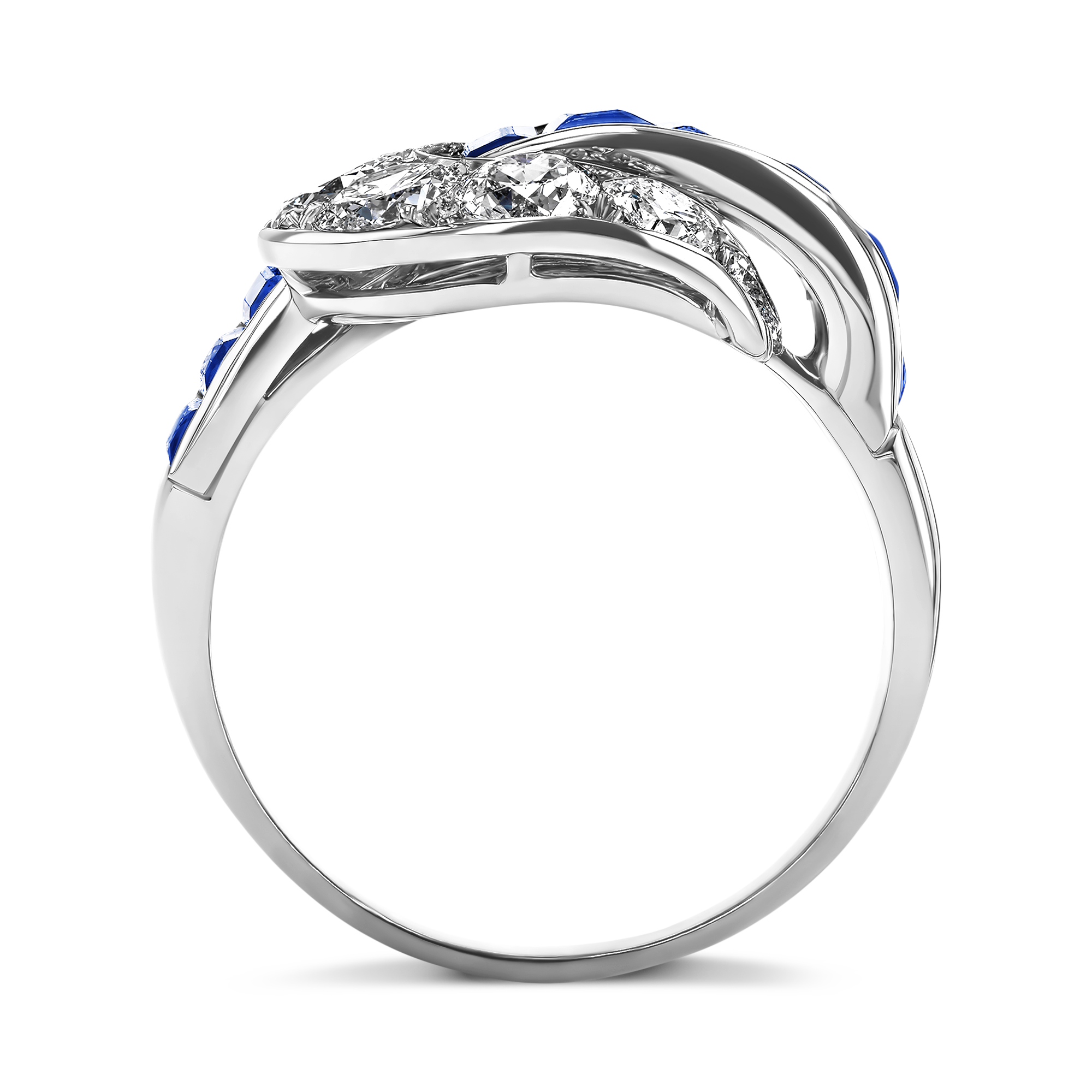 Art Deco Sapphire and Diamond Buckle Ring Baguette Cut, Channel Set_3