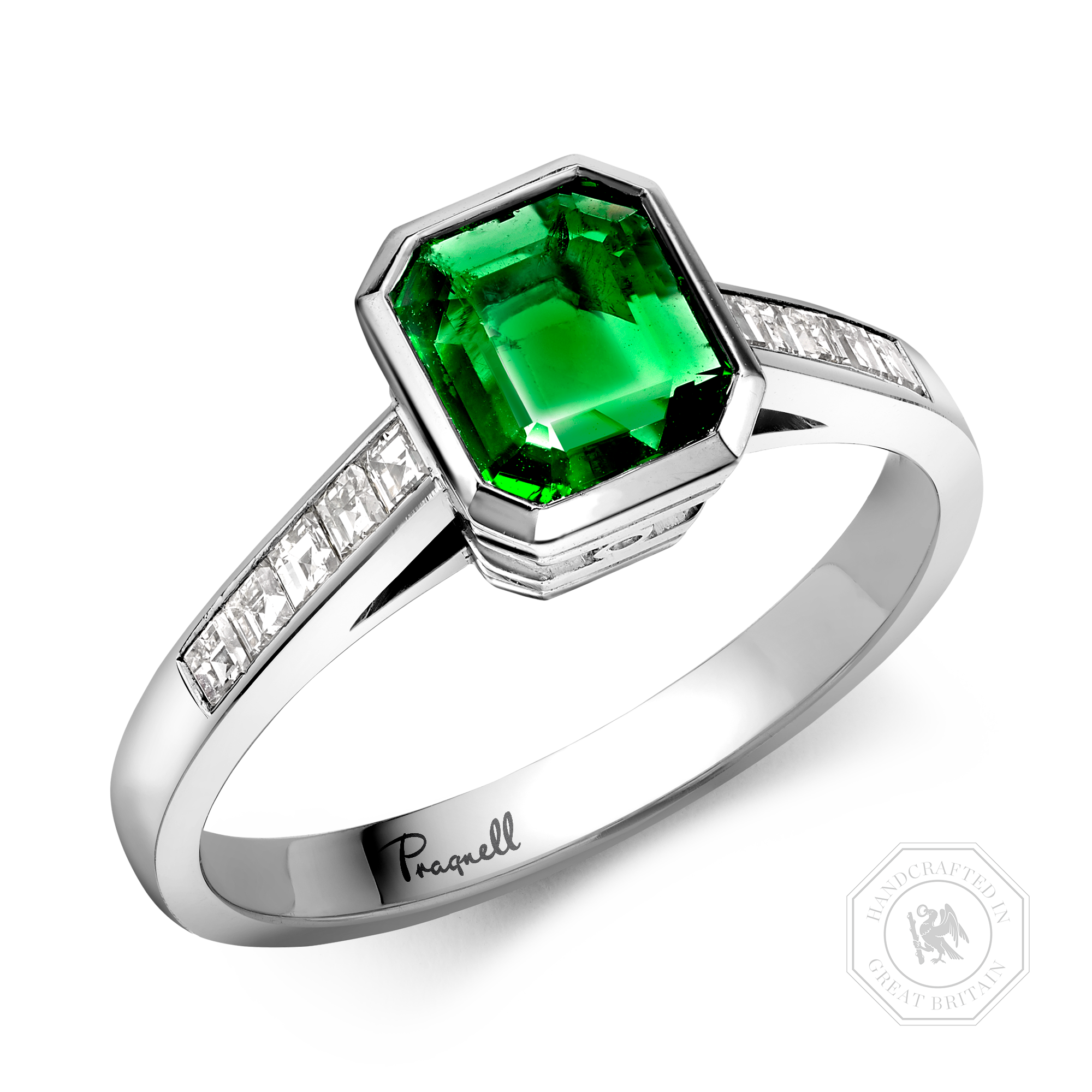Trap Cut 0.77ct Emerald and Diamond Ring Trap Cut, Rubover Set_1