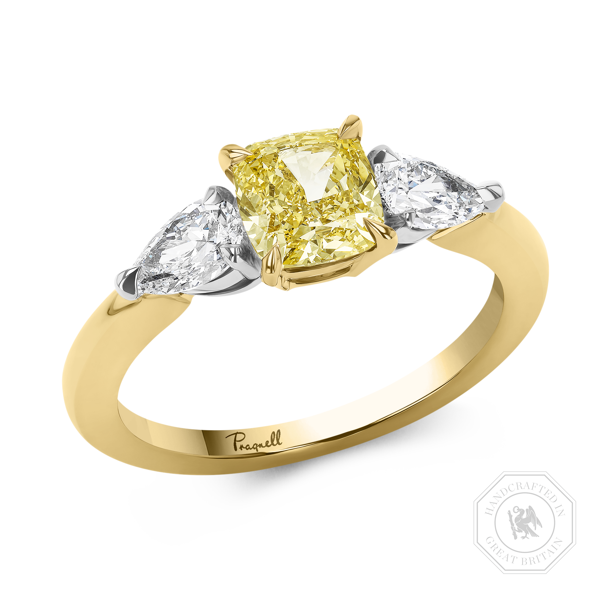 Cushion Cut 1.24ct Kimberley Fancy Intense Yellow Diamond Three Stone Ring Cushion modern cut, Claw set_1