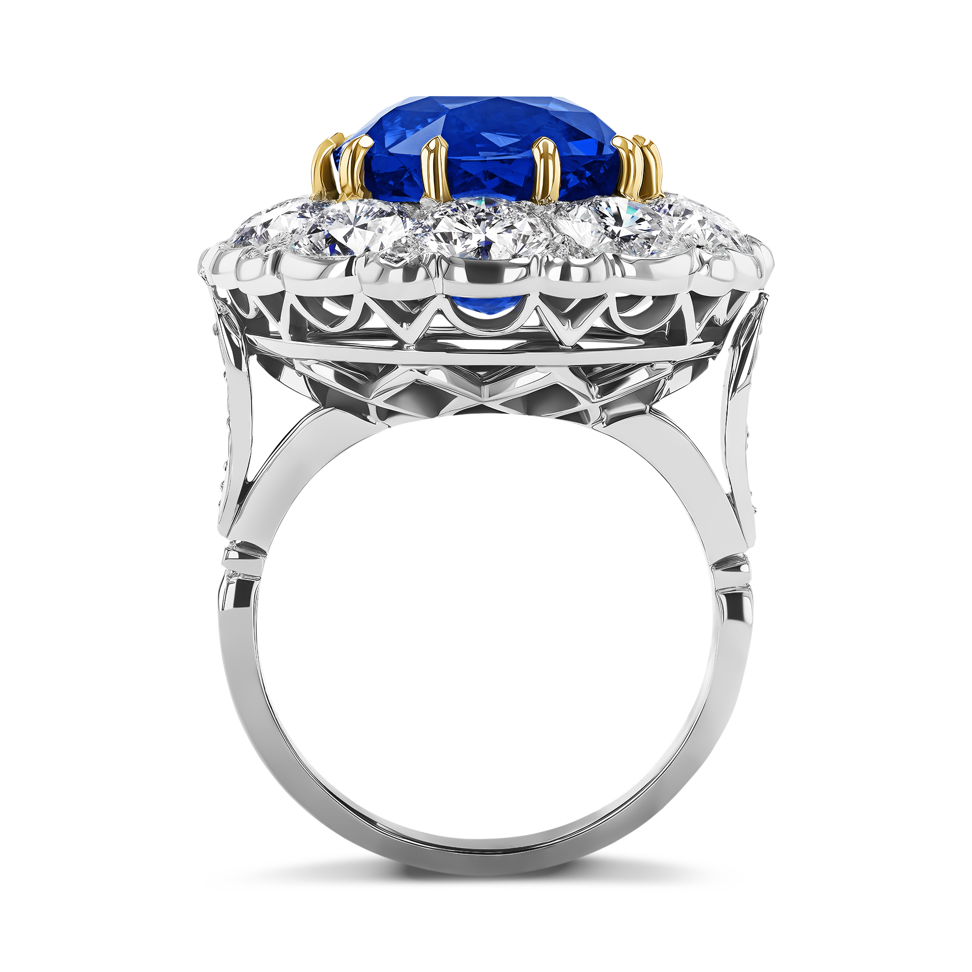 Victorian Inspired Sri Lankan Sapphire & Diamond Ring Square Cushion & Brilliant Cut, Claw Set_3