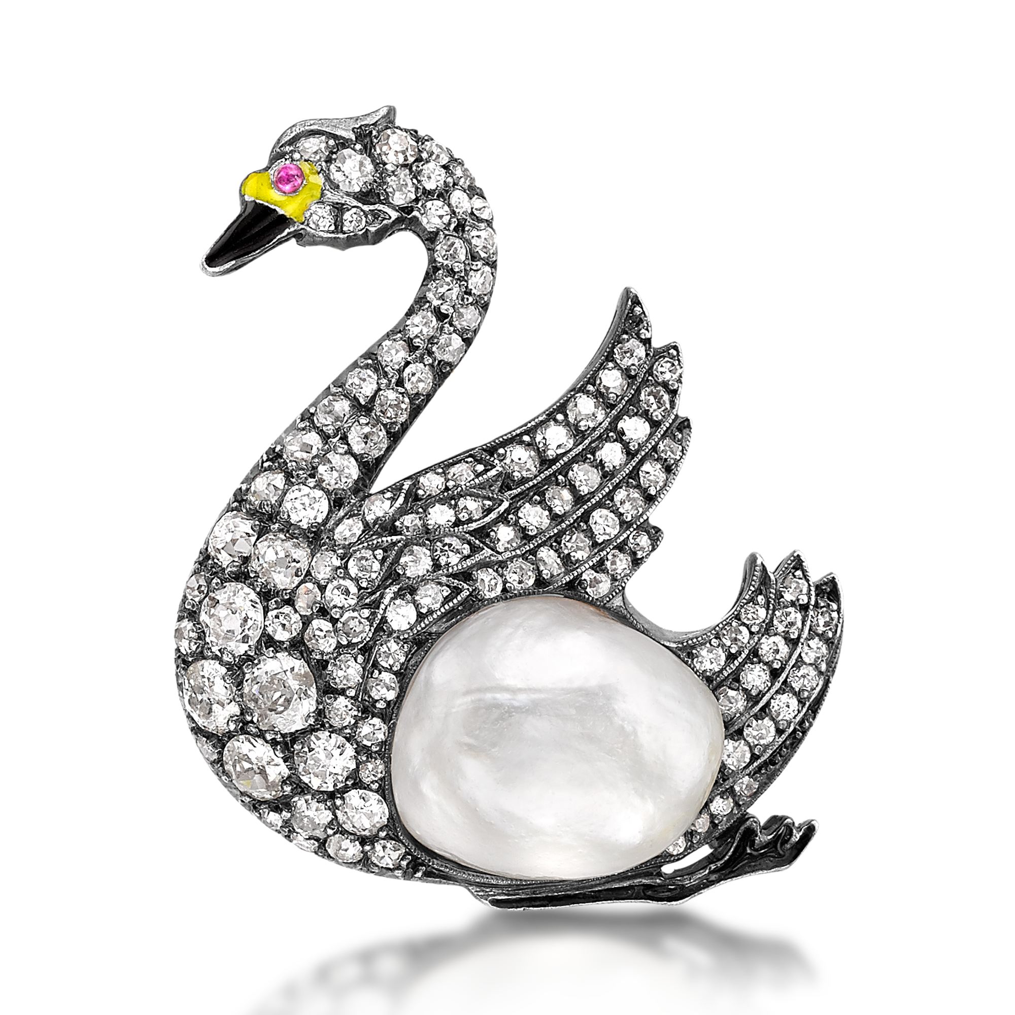 Victorian Natural Pearl Swan Brooch Clip Brooch, with Old Cut Diamonds_1