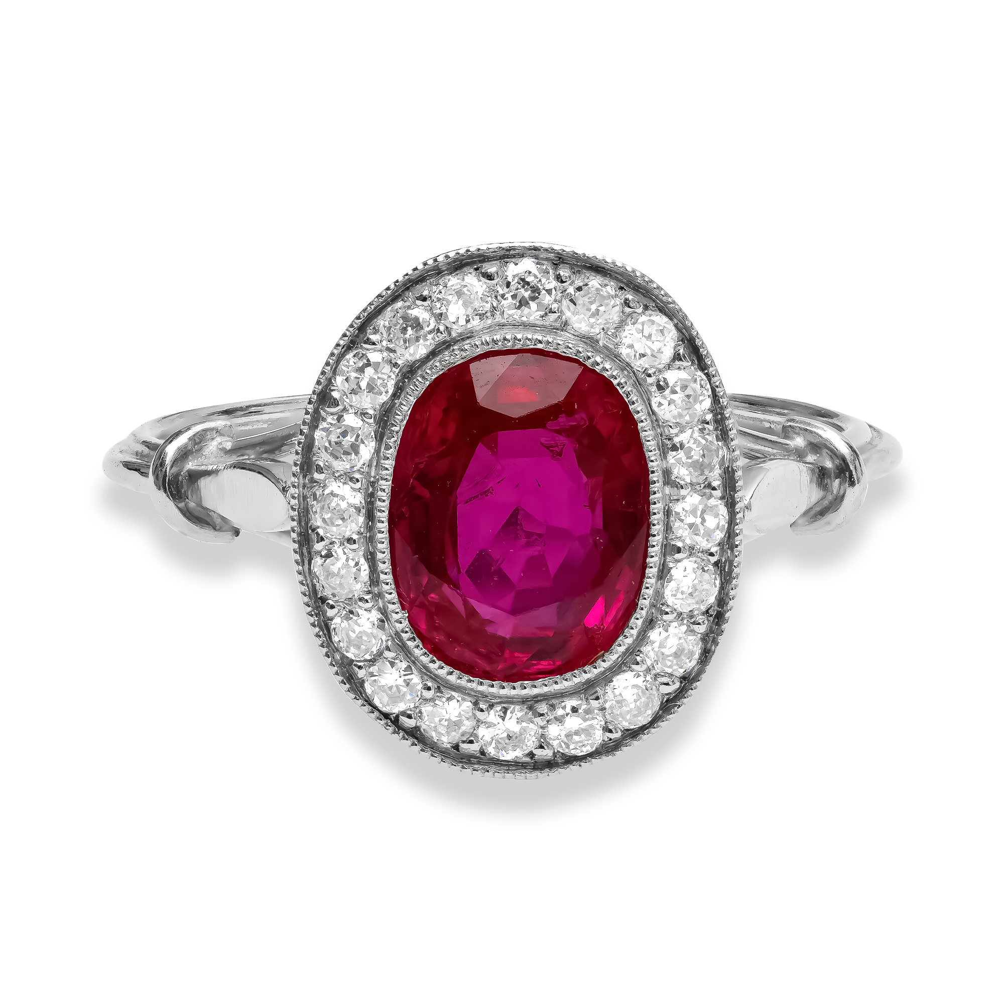 Victorian Cushion Cut 1.68ct Burma Ruby and Diamond Ring Modern Cushion Cut, Millegrain Set_2